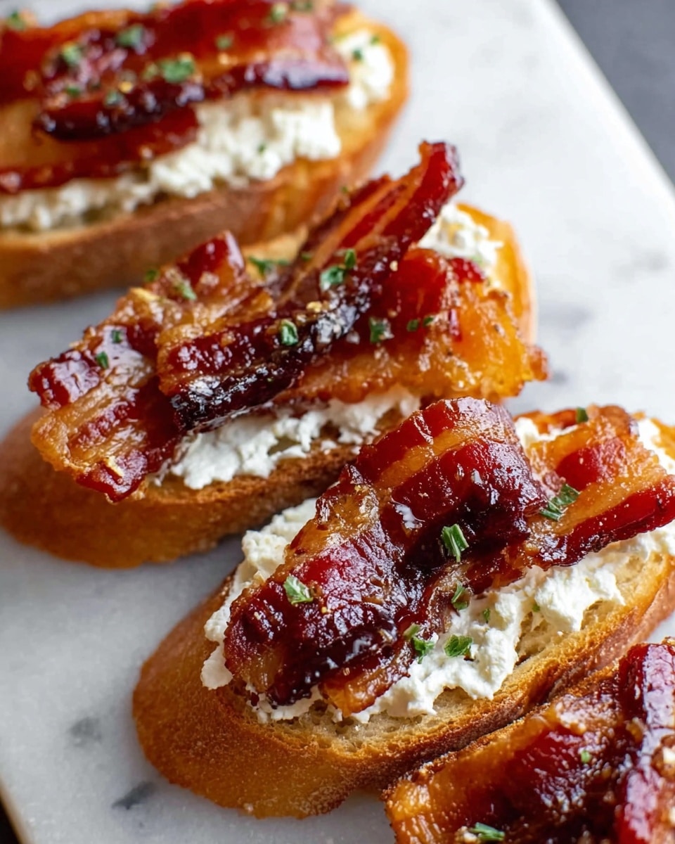A close-up view of three small toasted bread slices lined up side by side on a white marbled surface. Each slice shows a thick, golden-brown crust with a soft, light tan inside. On top of each slice is a fluffy, white layer of soft cheese spread evenly. Sitting above the cheese are glossy, dark red-brown crispy bacon strips sprinkled lightly with small green herb flakes. The textures contrast between the crunchy crust, creamy cheese, and shiny crispy bacon. The photo taken with an iphone --ar 4:5 --v 7