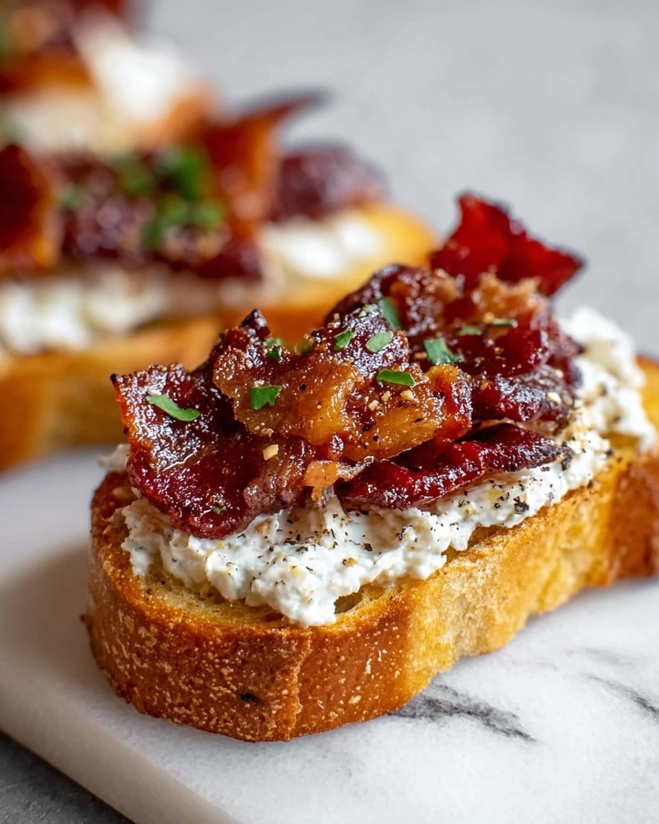 The image shows crispy toasted bread slices as the base layer, golden brown with a crunchy texture. On top of the bread is a thick layer of white, creamy cheese spread, slightly soft and speckled with black pepper. The final layer consists of several pieces of shiny, dark red-brown crispy bacon, with a few green herb sprinkles on top, creating a savory contrast. The food is set on a white plate against a white marbled background. photo taken with an iphone --ar 4:5 --v 7