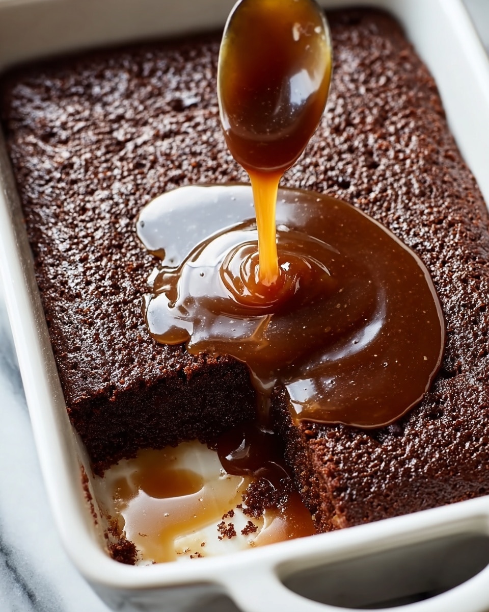 A white rectangular baking dish holds a dark brown, moist chocolate cake with a rough, slightly cracked surface, appearing dense yet soft. One corner piece is cut and slightly separated, revealing a rich, gooey inside. From above, a golden caramel sauce is being poured in thick streams from a spoon onto the cut area, slowly spreading and pooling over the cake, creating a glossy, smooth layer over the textured cake beneath. The background is a white marbled surface. photo taken with an iphone --ar 4:5 --v 7