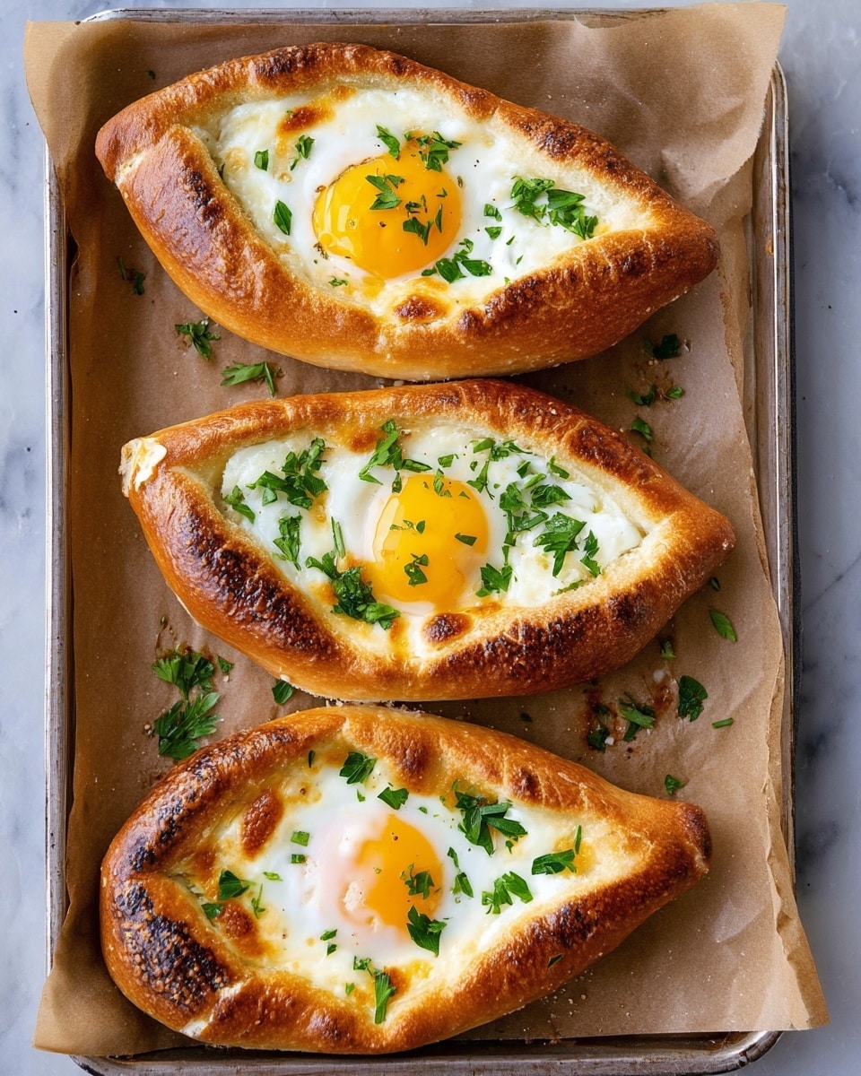 Three boat-shaped breads with golden brown crusts are placed on a baking tray lined with brown parchment paper on a white marbled texture. Each bread has a layer of melted white cheese inside the hollowed center, topped with a sunny side up egg that has a bright yellow yolk and white edges. Small green parsley leaves are sprinkled on top of the eggs and around the breads, adding a fresh touch. The bread crusts show some browned bubbly cheese spots, and a little melted cheese has spilled onto the parchment paper. Photo taken with an iphone --ar 4:5 --v 7