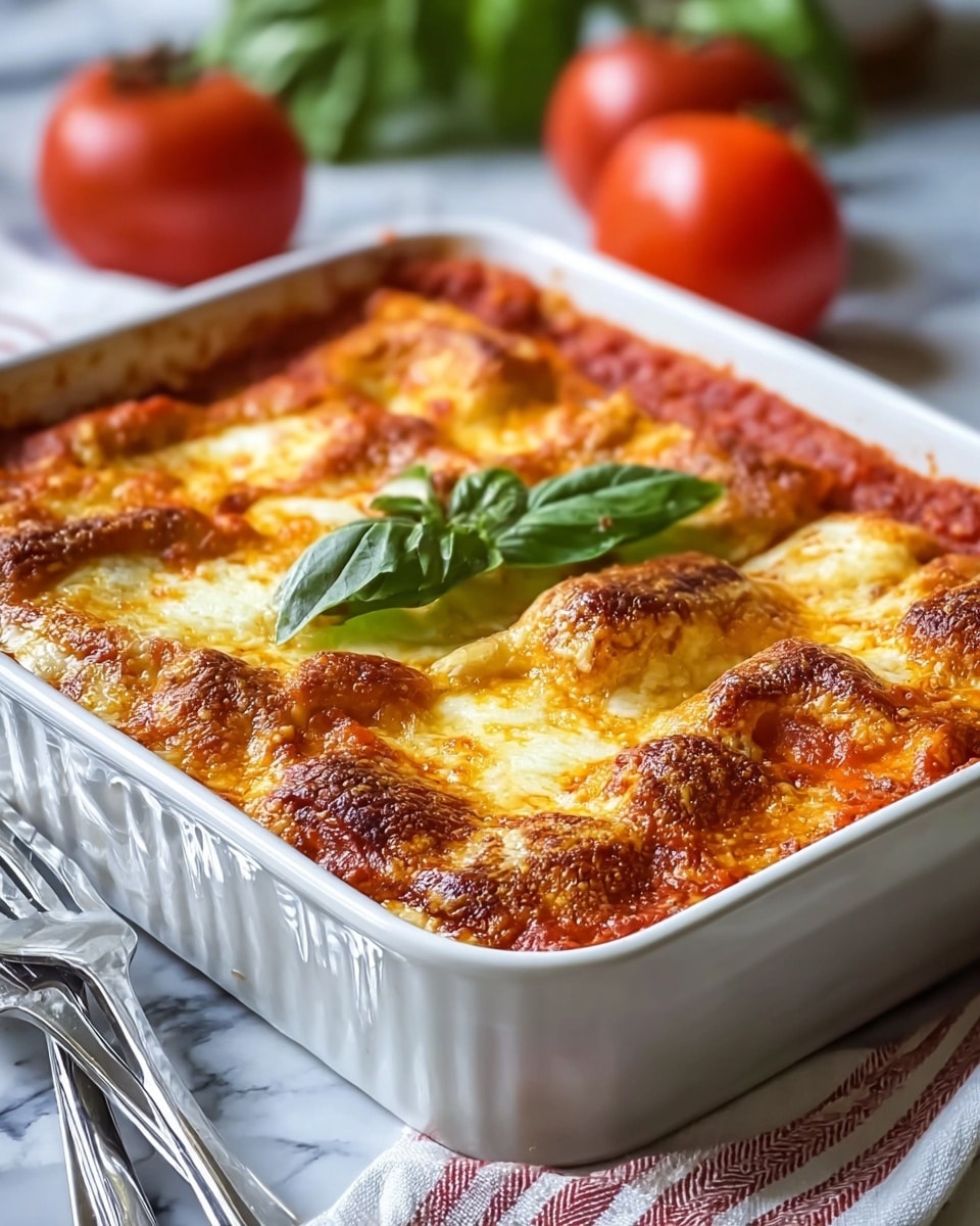A white rectangular baking dish holds a baked layered dish with a golden-brown crispy cheese top. The top layer has puffy, browned cheese patches with a creamy texture, slightly bubbling and melted. Underneath, a thick red tomato sauce is visible around the edges, and the dish is garnished with a fresh green basil leaf in the center. The dish rests on a white marbled surface with a striped cloth underneath, accompanied by two shiny forks in the foreground and blurred tomatoes and basil leaves in the background. Photo taken with an iphone --ar 4:5 --v 7