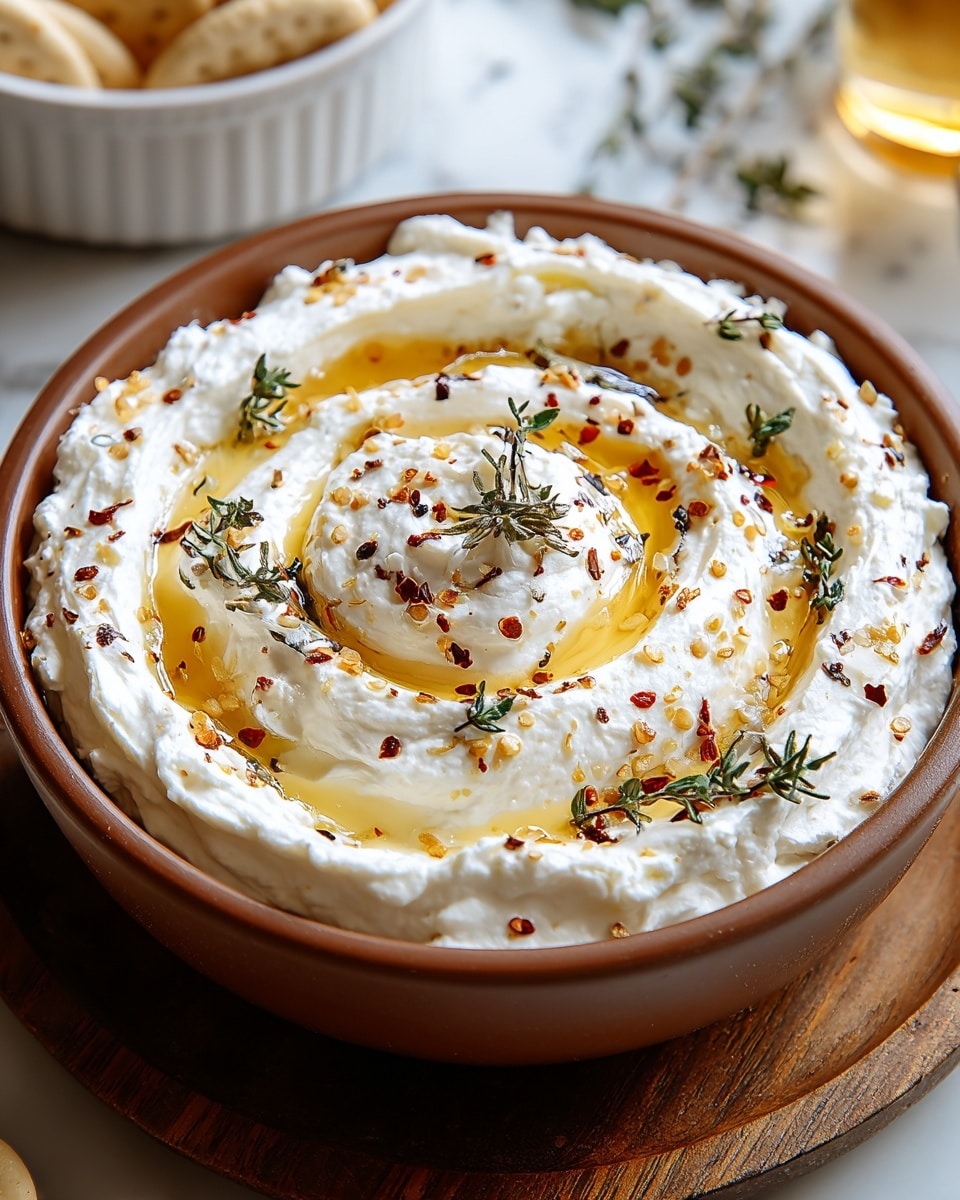 A white bowl filled with creamy, whipped cheese spread in three visible swirl layers starting from the center and moving outward, each layer smooth with a soft, fluffy texture. Drizzled over the cheese is a bright golden oil that pools in the center and winds through the swirls. Scattered on top are small, vibrant green thyme leaves and fine red spice powders that add color contrast. The bowl sits on a wooden board, with part of a white bowl holding round crackers blurred in the background, all placed on a white marbled surface. Photo taken with an iphone --ar 4:5 --v 7