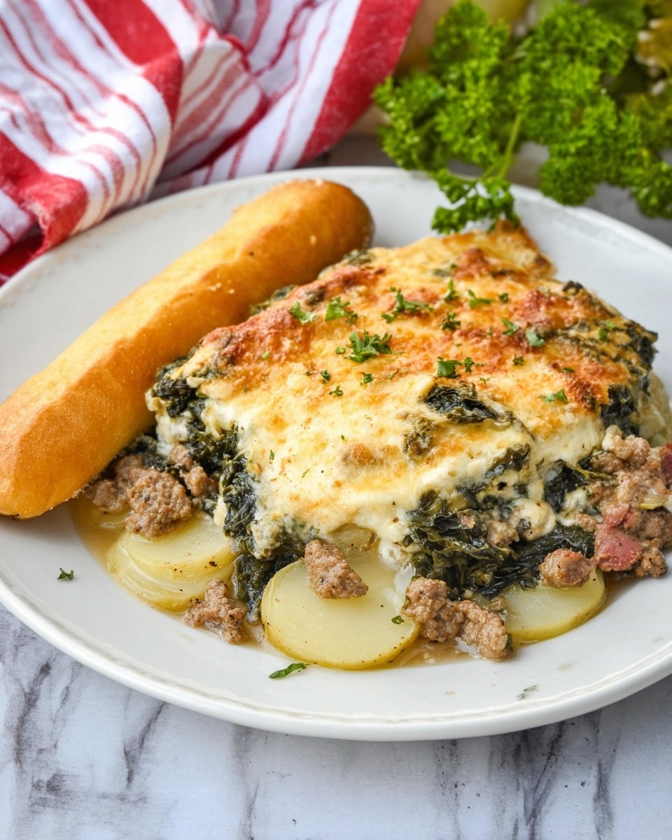 The dish is presented on a white plate filled mostly with a baked casserole consisting of three main layers: the bottom layer has thin pale yellow potato slices, the middle layer contains cooked ground meat mixed with wilted dark green leafy vegetables, and the top layer is a golden-brown melted cheese crust with some crispy edges. On the left side of the plate, a single golden-brown breadstick with a slightly shiny surface rests alongside the casserole. The plate is set on a white marbled surface, with a red and white striped cloth in the background and some green parsley leaves visible on the upper left side. Photo taken with an iphone --ar 4:5 --v 7