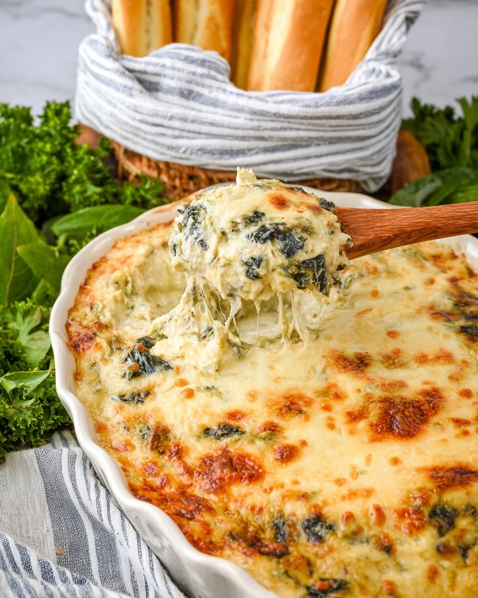 A white ceramic dish filled with baked spinach artichoke dip showing about three layers: a creamy pale yellow cheesy sauce on top with golden brown spots, visible dark green spinach leaves mixed in the sauce, and chunks of light beige artichoke hearts scattered throughout. A wooden spoon scoops out a portion, lifting layers of melted cheese stretching from the dish. In the background, golden breadsticks rest in a white basket lined with a grey and white striped cloth, placed on a white marbled surface along with fresh green parsley. Photo taken with an iphone --ar 4:5 --v 7