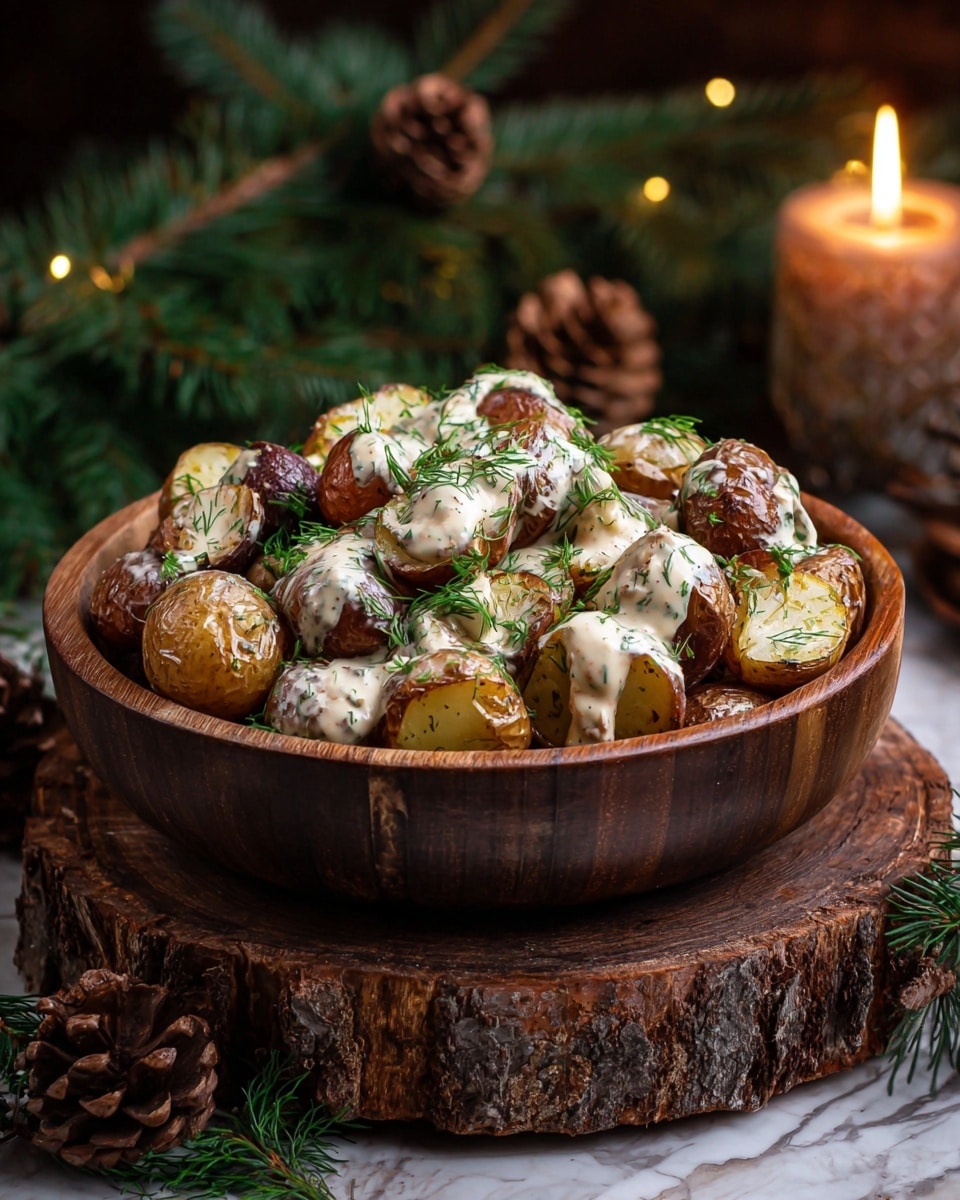 A deep wooden bowl filled with small roasted potatoes, some golden brown and others a darker brown, all cut in halves, creating one thick layer. On top, a creamy white sauce with specks of herbs and mustard covers many potato halves unevenly. The dish is sprinkled with finely chopped green dill, adding fresh color spots. The bowl sits on a piece of round wood with rough bark edges. In the background, blurred green pine branches and pine cones create a rustic, cozy mood, while a lit candle glows softly to the right. The surface below is a white marbled texture. photo taken with an iphone --ar 4:5 --v 7