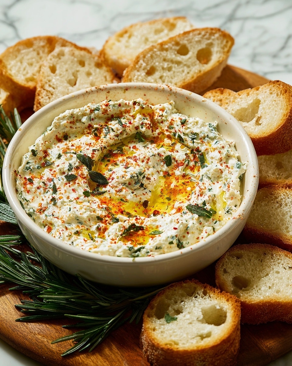 A round white dish is filled with creamy white dip mixed with small green herb pieces, topped with a drizzle of golden olive oil and lightly sprinkled with red spices, most likely paprika, and some fresh green herbs. The dip has a textured, slightly chunky appearance and is swirled on top to show its creaminess. The dish is placed on a wooden board near fresh rosemary sprigs, surrounded by several slices of toasted white baguette bread with a golden crust and airy crumb inside. The background is a white marbled surface, giving a clean and bright look. photo taken with an iphone --ar 4:5 --v 7