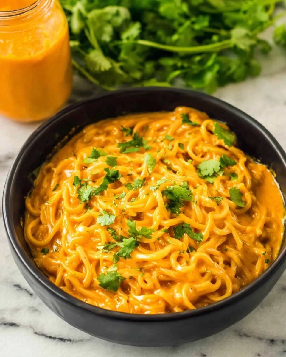 A black bowl is filled with creamy orange noodles that have a smooth, thick texture. The noodles are twisted and piled loosely inside the bowl, covered evenly with the orange sauce. Small green leaves of fresh cilantro are scattered on top, adding a bright contrast in color. In the background, there is a bunch of fresh cilantro on a white marbled surface and a jar of orange sauce slightly out of focus. photo taken with an iphone --ar 4:5 --v 7