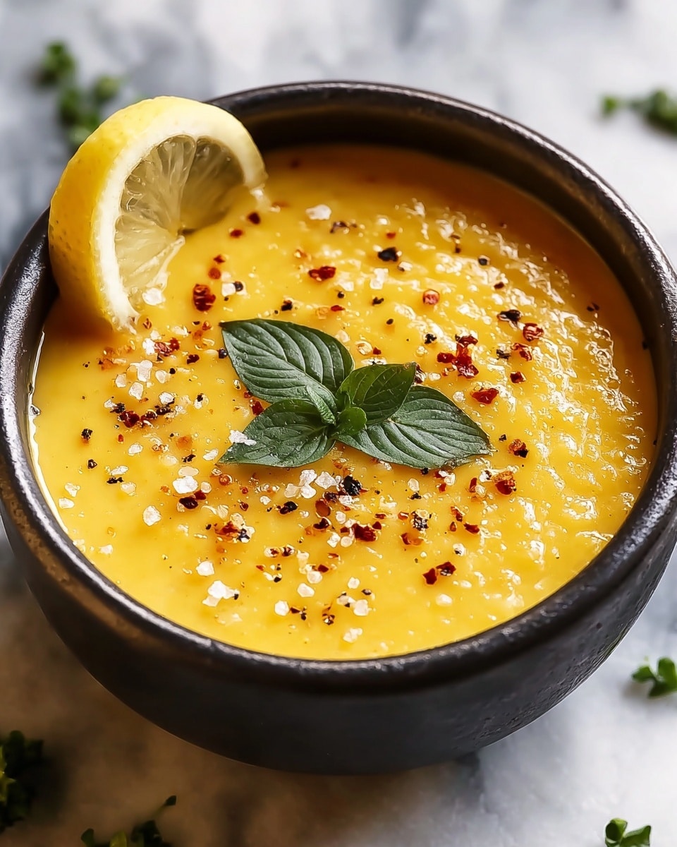 A dark bowl sits on a white marbled surface filled with bright yellow creamy soup that has a smooth yet slightly chunky texture. On the soup's surface, there are small sprinkles of black pepper and red spice scattered unevenly. A green herb with three leaves rests in the center as garnish, and a thick lemon slice is tucked on the left edge of the bowl, half standing inside the soup. Coarse salt crystals are lightly sprinkled over the soup, adding texture and contrast. Photo taken with an iphone --ar 4:5 --v 7