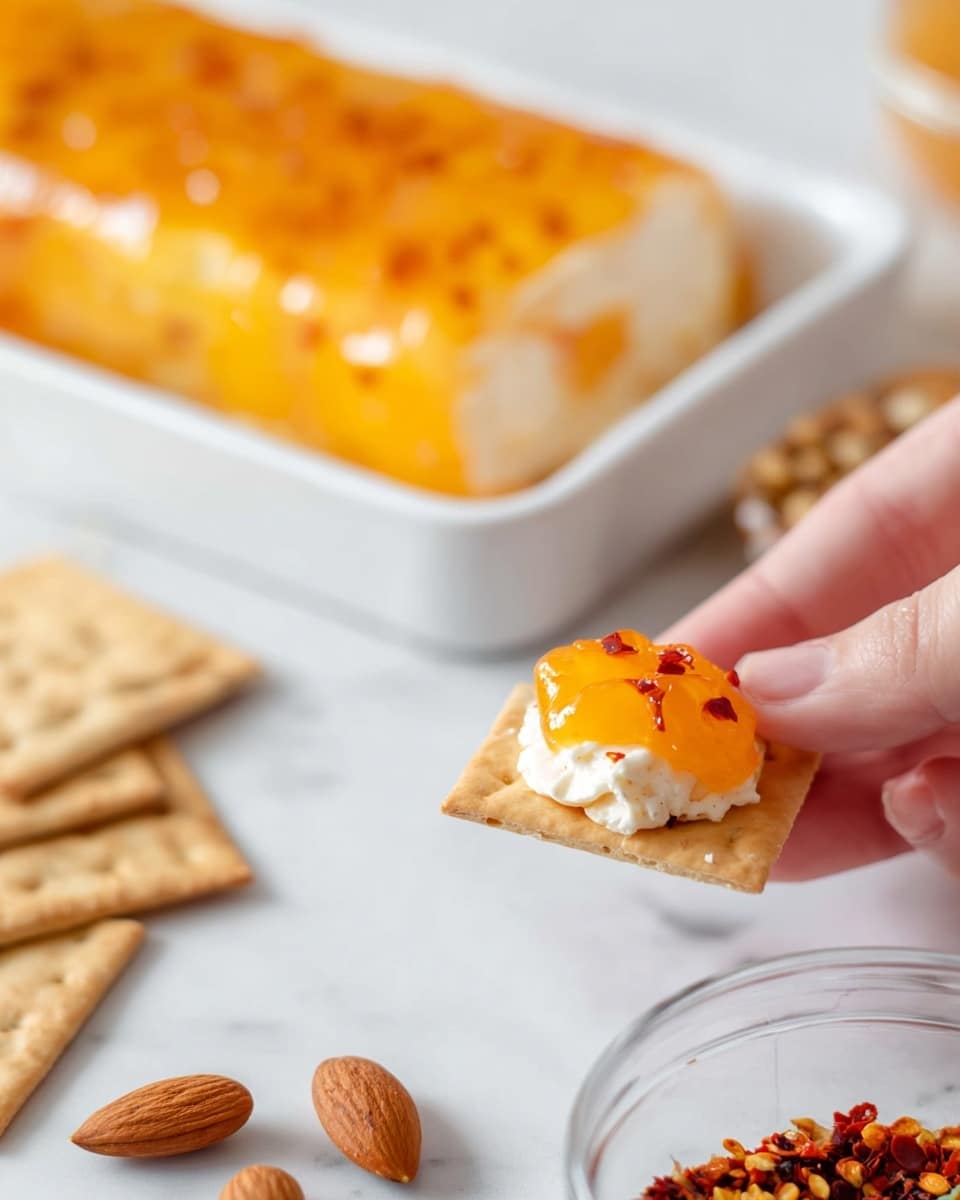 A close-up image shows a woman's hand holding a small, light brown cracker with a scoop of white creamy cheese and bright orange jelly on it. Behind, there is a white dish with a loaf of cheese covered in the same shiny orange jelly with red specks on top. To the left side, scattered light brown square crackers and three whole almonds lay on a white marbled surface. At the bottom right is a small clear bowl containing red chili flakes. Photo taken with an iphone --ar 4:5 --v 7