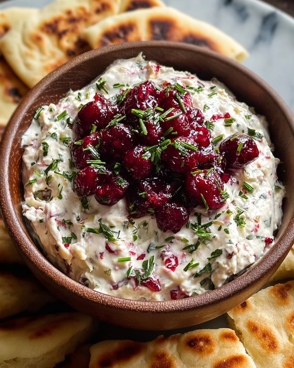 A dark brown bowl sits on a white marbled surface, filled with creamy white dip mixed with tiny pink and green bits. On top, there is a small pile of shiny, deep red berries with some green garnish scattered over the dip. Surrounding the bowl are several light golden crackers with a slightly toasted look and small holes on their surface, arranged casually around the bowl. photo taken with an iphone --ar 4:5 --v 7