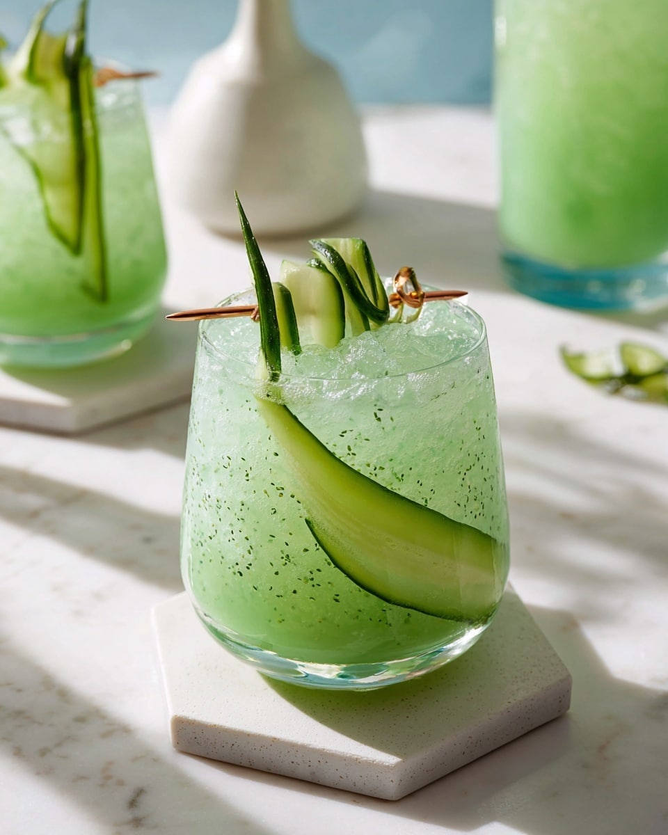 A short clear glass filled with light green crushed ice drink, with a thin, long cucumber slice wrapped inside the glass, showing tiny seeds and texture. On top, a twisted cucumber strip is skewered on a slim copper stick resting horizontally above the glass. The glass sits on a white hexagonal stone coaster on a white marbled surface, with soft shadows making diamond shapes. In the background, there are two other glasses filled with similar light green drinks, one taller and one shorter but blurred. Photo taken with an iphone --ar 4:5 --v 7