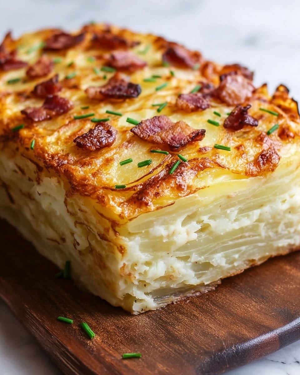 The image shows a thick rectangular loaf of layered sliced potato bake with a golden-brown crust on the edges and top. The top layer is textured with thin, crispy potato slices that have slightly browned, with small pieces of cooked bacon scattered evenly. There are hints of green chopped chives sprinkled lightly on top. The inside layers appear creamy and soft, showing smooth mashed potato texture stacked neatly inside the loaf. The loaf is set on a wooden board placed on a white marbled surface. Photo taken with an iphone --ar 4:5 --v 7