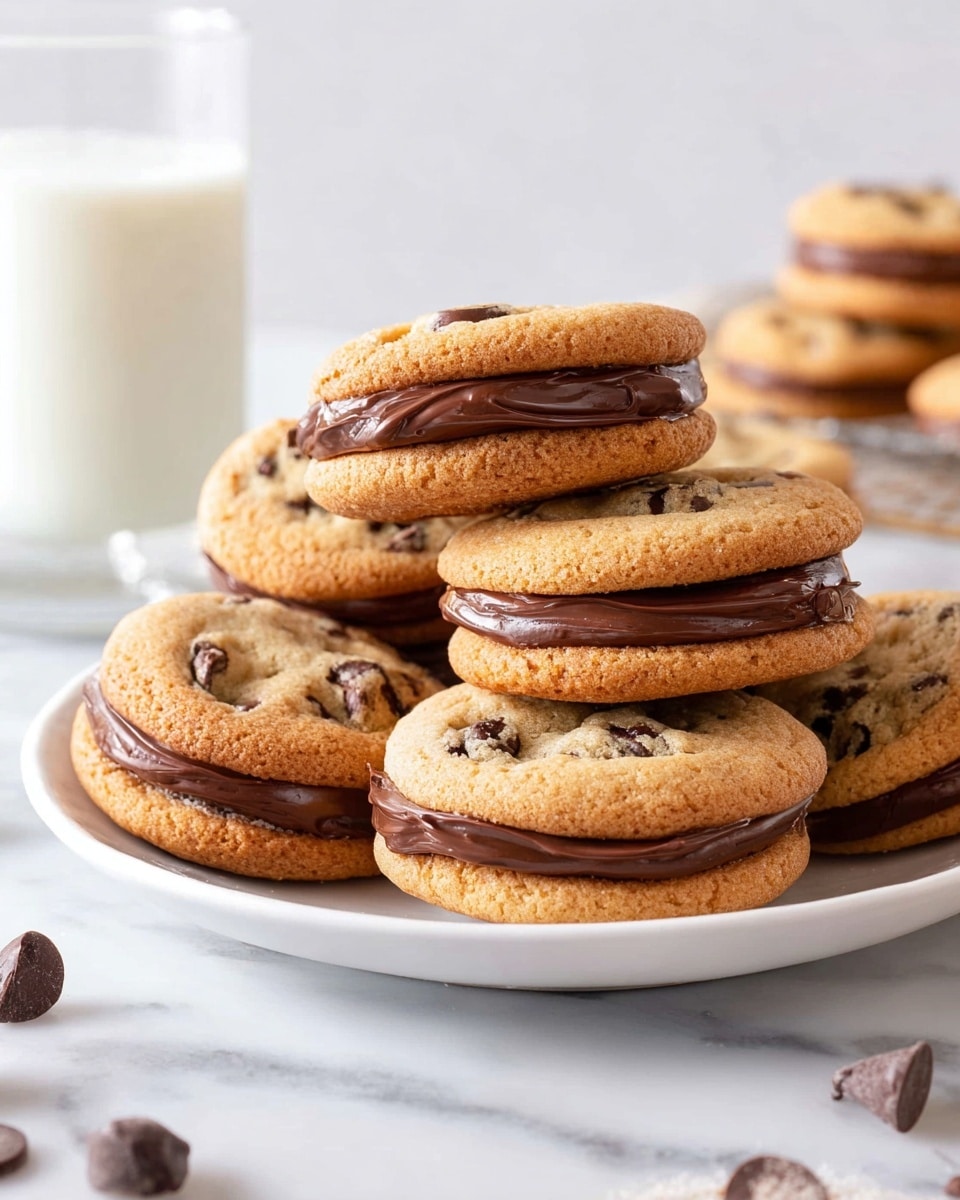 A white plate full of stacked chocolate chip cookie sandwiches, each made of two golden-brown cookies with visible dark chocolate chips and a thick layer of smooth, dark chocolate cream filling in the middle. The cookies have a soft texture with slightly raised edges, and the chocolate filling is rich and glossy, showing slight swirls. The plate is placed on a white marbled surface with a few chocolate chips scattered around. In the background, a clear glass filled with milk adds to the cozy setting. photo taken with an iphone --ar 4:5 --v 7