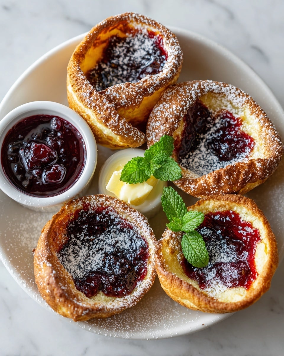 Two golden-brown puff pastry cups sit side by side on a white plate, each filled with a vibrant red mixed berry compote. The pastries have puffy, crispy edges dusted lightly with white powdered sugar, creating a delicate contrast with the deep red filling. Next to the pastries is a small clear glass bowl filled to the top with the same glossy berry mixture. A white creamy layer, likely cream or butter, lies between the plate and the pastries, adding a soft texture. A silver fork rests on the plate’s right edge, and the whole scene is set on a white marbled surface. photo taken with an iphone --ar 4:5 --v 7