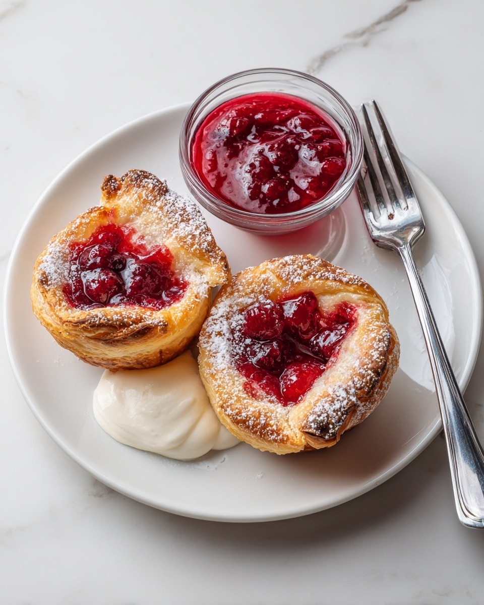 A close-up of five fluffy golden Dutch baby pancakes arranged on a white plate, each with a deep well filled with glossy dark red berry jam that is slightly spilling over the edges. One pancake in the center is topped with a small dollop of light yellow butter and a sprig of fresh green mint leaves. The pancakes are dusted with white powdered sugar that also covers the plate. To the side, a small white ramekin holds extra berry jam. The scene is set on a white marbled surface. photo taken with an iphone --ar 4:5 --v 7