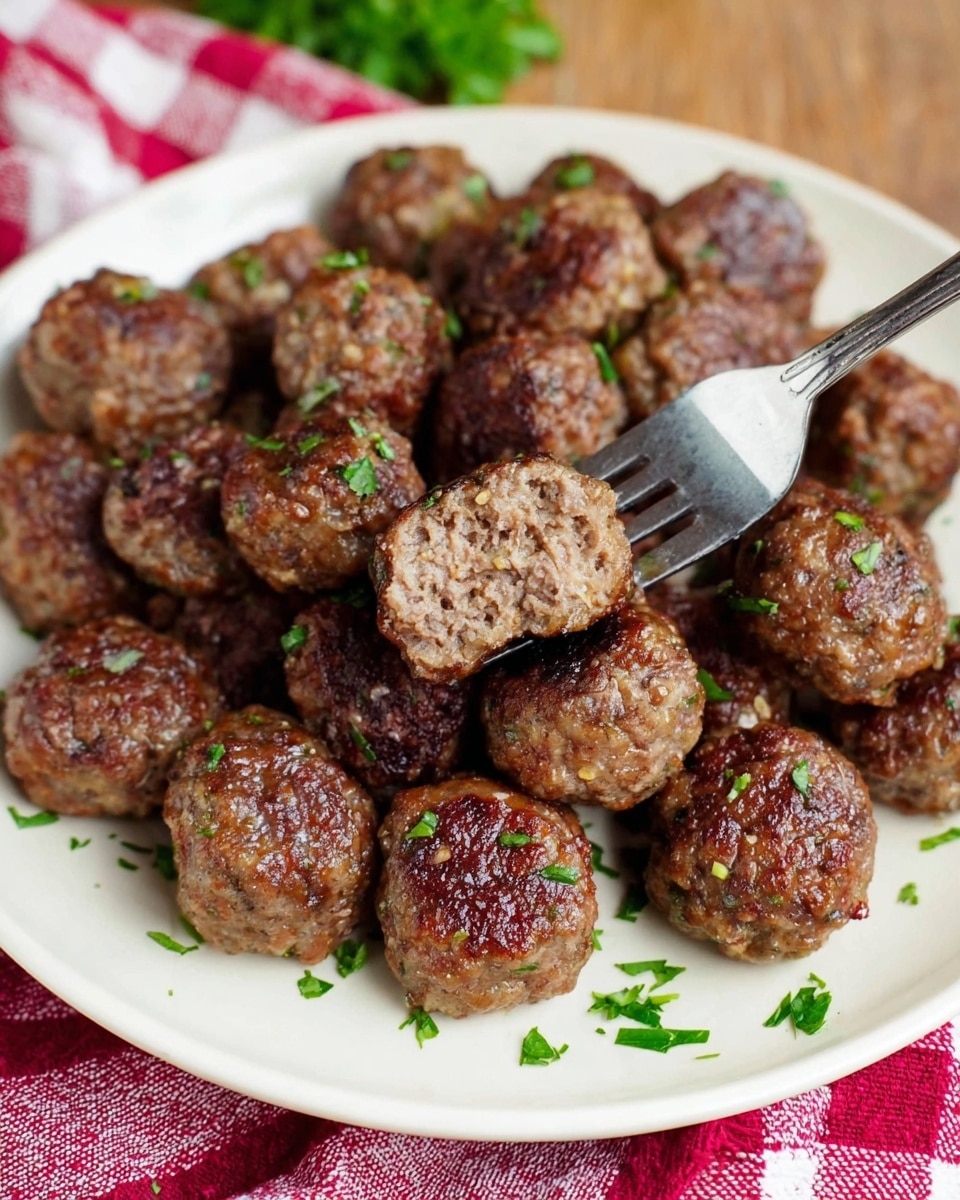 A white plate filled with about twenty brown meatballs with a slightly crispy texture and small green herb pieces sprinkled on top. One meatball is held by a silver fork showing the inside, which is dense and cooked through with a similar brown color. The plate rests on a wooden surface partly covered by a red and white checkered cloth. Small bits of chopped green herbs are scattered across the plate. photo taken with an iphone --ar 4:5 --v 7
