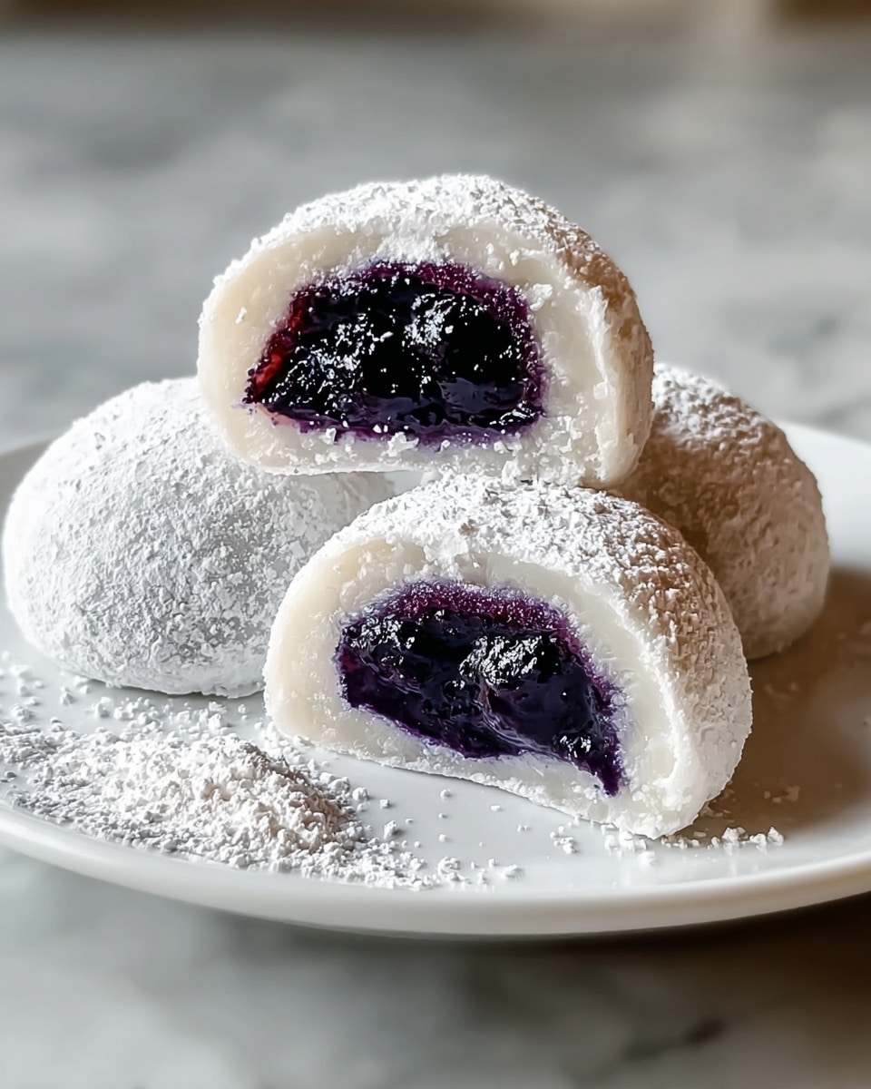 The image shows three round dumplings coated with powdered sugar, placed on a white plate set on a white marbled surface. Each dumpling has a soft, white outer layer with a slightly grainy texture from the powdered sugar. Two of the dumplings are cut open to reveal a thick, dark purple, glossy blueberry filling inside, with a few whole blueberries visible. The filling sits in the center, enclosing the middle of the white dough layer. A small pile of powdered sugar is scattered near the dumplings on the plate. The arrangement highlights the contrast between the white sugary coating and the deep purple filling. photo taken with an iphone --ar 4:5 --v 7