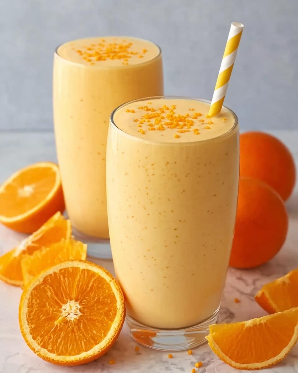 The image shows two tall, clear glasses filled with a smooth, creamy orange drink. Each glass is filled nearly to the top with a light orange beverage that has tiny orange specks visible throughout. On top of the drink, there are small orange sprinkles scattered as garnish. One glass has a yellow-and-white striped straw standing upright inside it. The glasses sit on a white marbled surface. Around the glasses, there are several halved and whole bright orange oranges, adding fresh color to the scene. Photo taken with an iphone --ar 4:5 --v 7