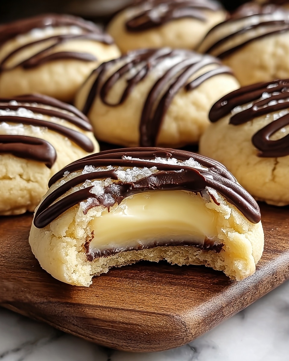 A close-up view of small round cookies with three distinct layers: a bottom dark brown chocolate base, a thick middle creamy pale yellow filling, and a soft, light beige dough outer layer. Each cookie is topped with thin dark brown chocolate drizzle lines running across the top. The cookies are placed on a wooden board with a white marbled texture background visible in some parts. One cookie in the front has a bite taken out, showing the creamy filling inside. Photo taken with an iphone --ar 4:5 --v 7