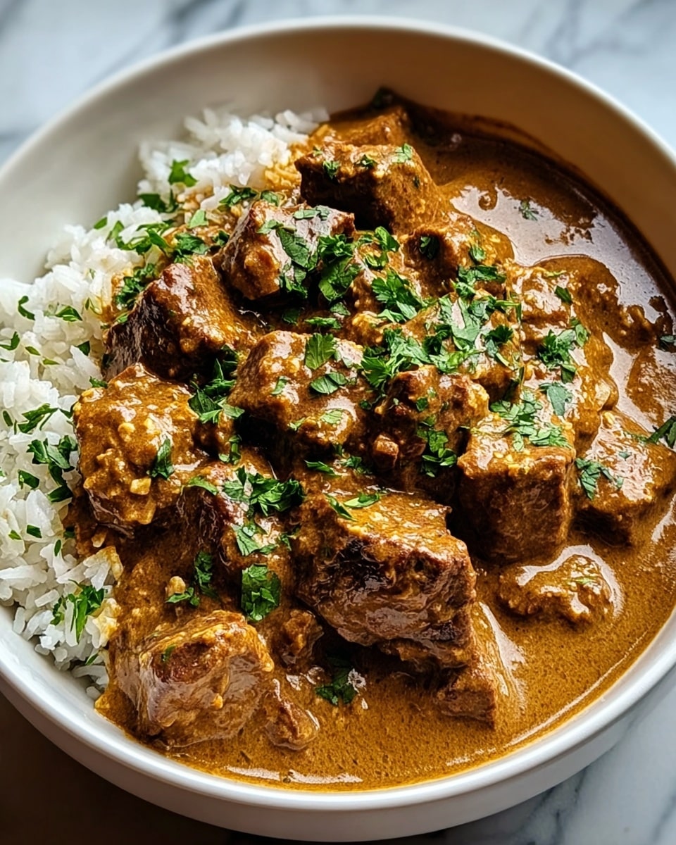 A white bowl filled with a base layer of white rice, partially covered by thick chunks of brown meat soaked in a rich, creamy brown sauce. Fresh green chopped herbs are scattered evenly on top, adding a splash of color against the warm sauce and meat. The textures show tender meat coated in smooth sauce with the rice peeking around the edges. The bowl sits on a surface with a white marbled texture. photo taken with an iphone --ar 4:5 --v 7