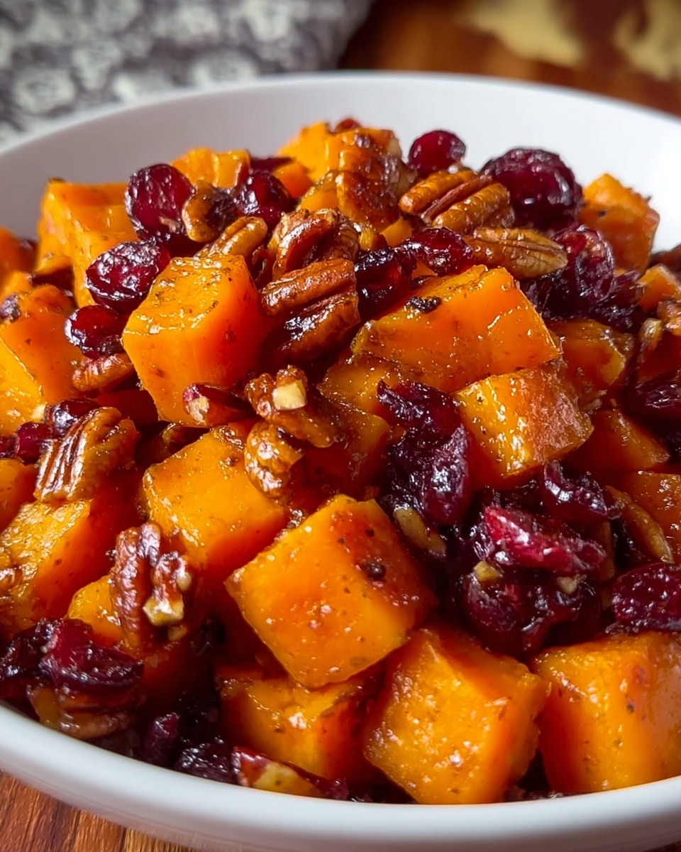 A close-up image of a dish served in a white bowl, showing multiple layers of golden-orange cubed sweet potatoes mixed with glossy dark red dried cranberries and small pieces of light brown pecans. The sweet potatoes appear soft and coated in a slight glaze, giving a shiny texture. The cranberries are scattered unevenly on top and among the sweet potato cubes, adding a rich contrast with their deep color. The pecans add a crunchy texture, visible as small clusters throughout the dish. The bowl sits on a wooden surface with a blurred background, but the main focus is the brightly colored mixture inside the bowl. photo taken with an iphone --ar 4:5 --v 7