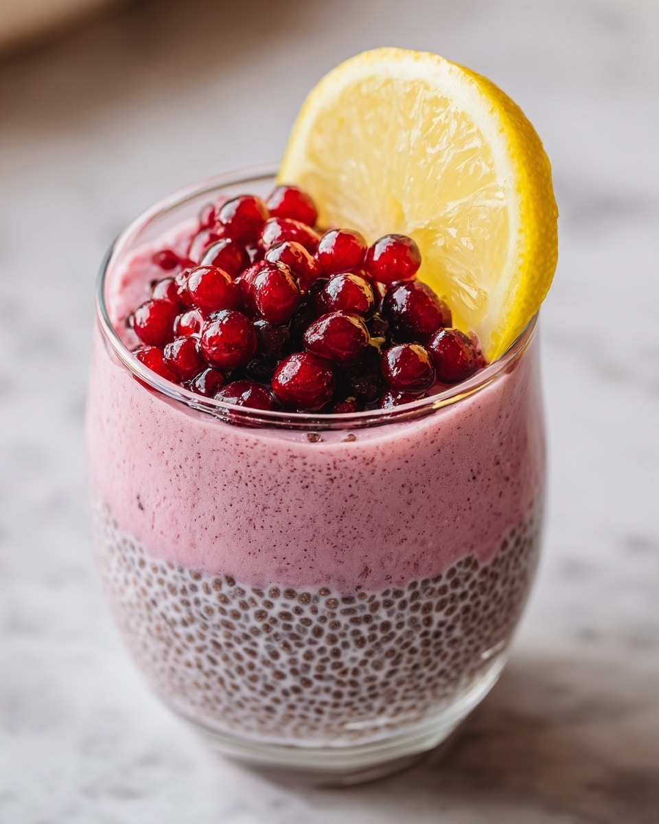 A clear glass holds two layers: the bottom layer is creamy white chia pudding with tiny, evenly spread chia seeds visible through the glass; the top layer is a deep red raspberry compote with whole raspberries and a slightly textured surface. A thin slice of lemon with bright yellow skin and pale flesh is placed on the rim of the glass. The glass sits on a white marbled surface, with a soft blurred gray background. photo taken with an iphone --ar 4:5 --v 7