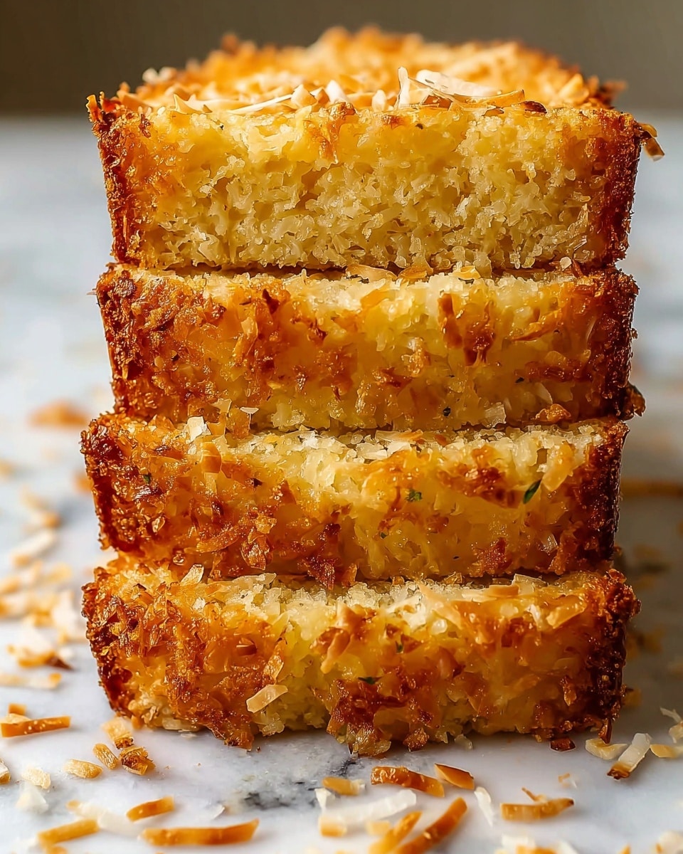 The image shows a stack of four thick rectangular slices of golden brown coconut cake, each layer separated and standing upright. The cake has a moist texture with visible pieces of toasted coconut on the top and sides, giving it a slightly rough and crispy look. The edges are darker and well-baked, creating a contrast with the lighter yellow interior that shows a soft and dense crumb. Scattered toasted coconut flakes lie around the base on a white marbled surface. The lighting highlights the texture and color, making the cake look fresh and inviting. photo taken with an iphone --ar 4:5 --v 7