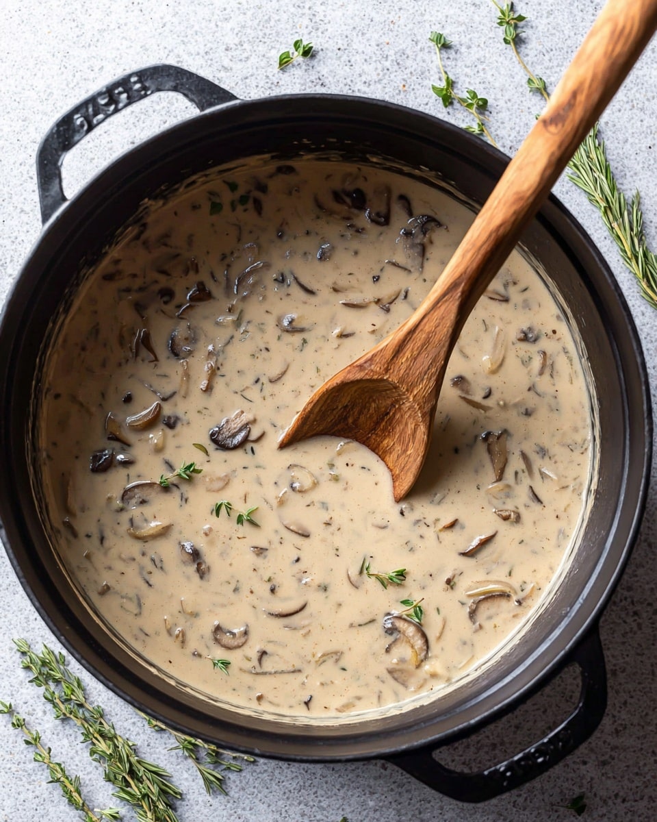 The image shows a large black cast iron pot filled with creamy mushroom soup. The soup has a light beige creamy base with visible small pieces of mushrooms and onions scattered throughout. A wooden spoon rests in the pot, partially submerged in the soup, showing the thick texture and some small green herb leaves floating on top. A few green herb sprigs are spread around the pot on a white marbled surface, adding a fresh touch to the scene. photo taken with an iphone --ar 4:5 --v 7