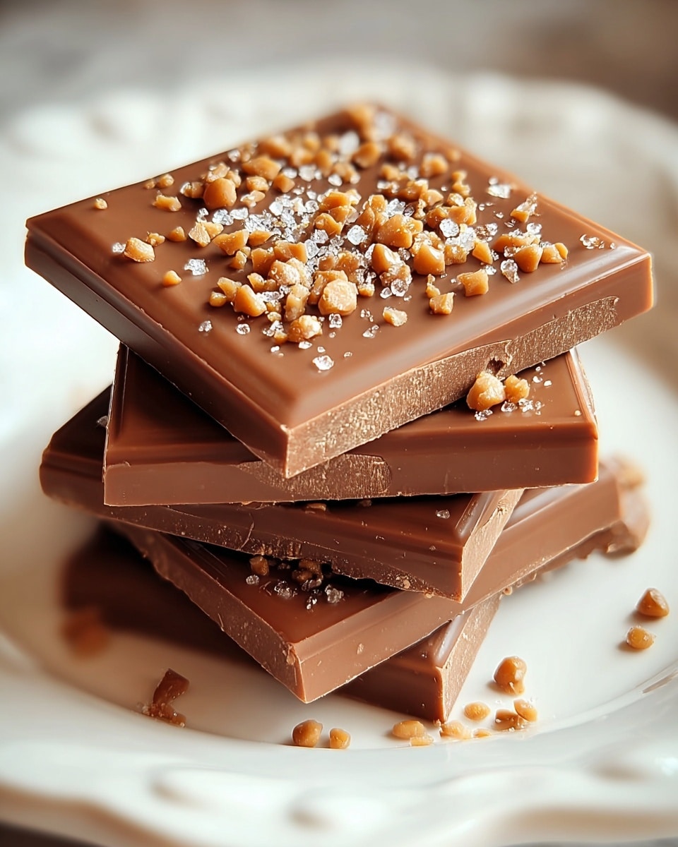 A stack of four smooth milk chocolate squares is shown on a white plate, each layer evenly thick and glossy. The top chocolate square is decorated with small crunchy caramel-colored pieces and scattered coarse salt flakes, adding texture and contrast. Some caramel bits and salt crystals also rest on the plate around the chocolate stack. The white plate has a subtle decorative edge, and the whole scene is set against a soft, out-of-focus white marbled texture background. photo taken with an iphone --ar 4:5 --v 7