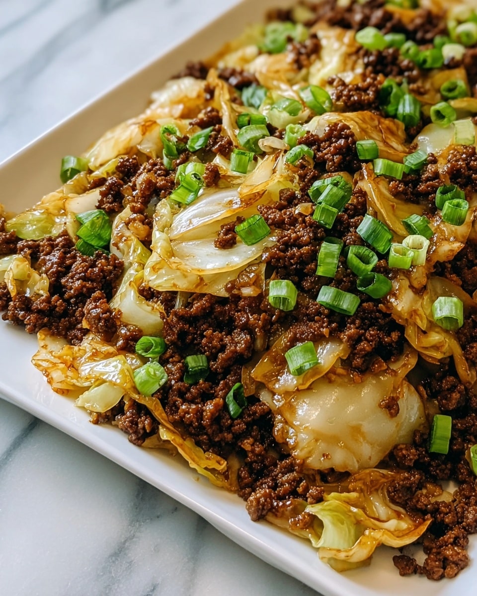 A close-up of a white rectangular plate filled with a stir-fry dish showing two main layers: the bottom layer is cooked ground meat with a dark brown, slightly glossy texture, and the top layer consists of cooked cabbage pieces that are light yellow to pale brown with a soft, slightly wilted look. Scattered across the top are small, bright green chopped scallions adding color contrast. The plate sits on a white marbled surface. photo taken with an iphone --ar 4:5 --v 7