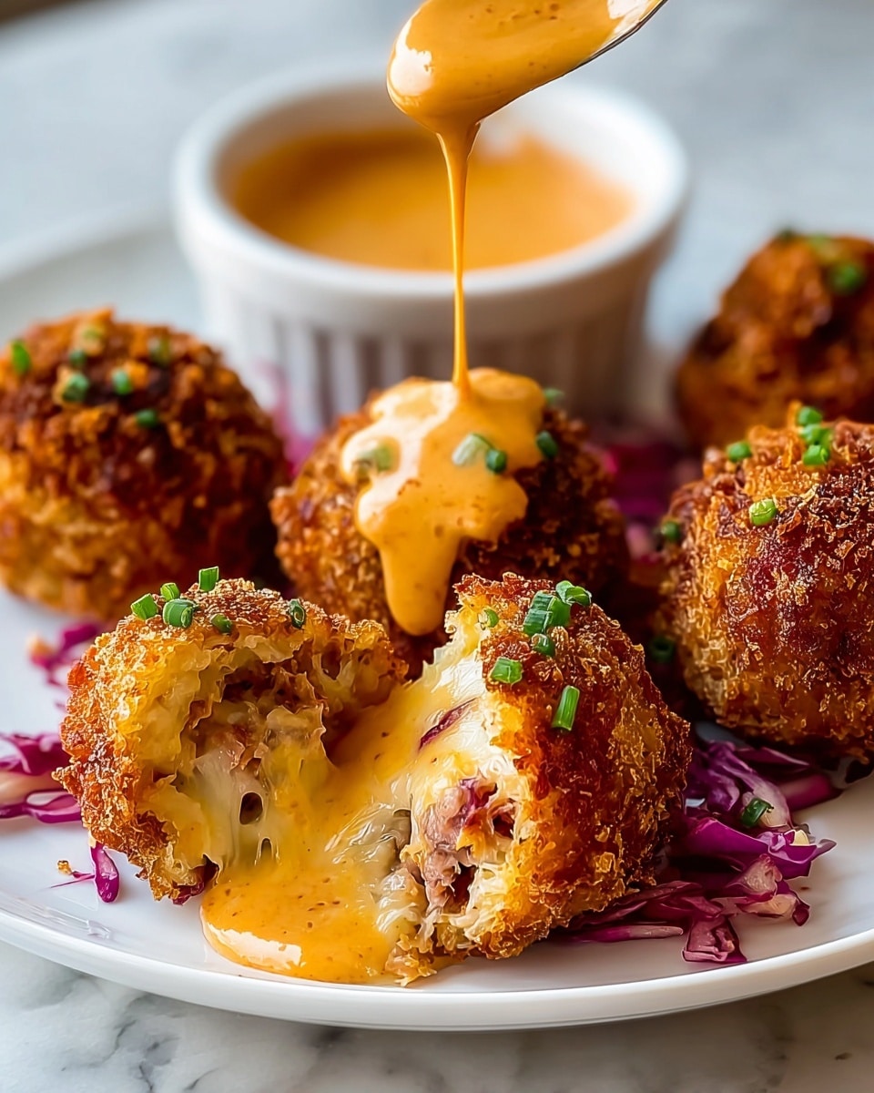 A white plate holds five fried crispy balls with a golden-brown crunchy outer layer, each topped with small green chive pieces. One ball is cut open, showing a creamy, melted cheese layer with bits of meat inside, oozing an orange creamy sauce that flows onto the plate and some purple and white shredded cabbage underneath. In the background, a small white bowl is filled with the same orange creamy sauce, with a woman's hand holding a spoon dripping the sauce into the bowl. The plate and bowl sit on a white marbled surface. photo taken with an iphone --ar 4:5 --v 7