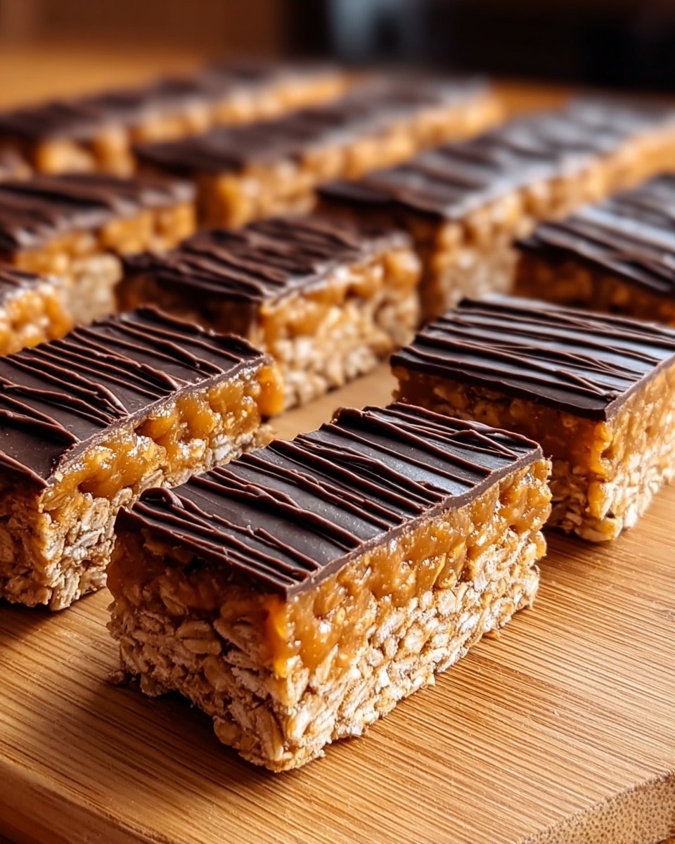 The image shows two neat rows of rectangular snack bars arranged on a wooden surface with a close-up view. Each bar has two visible layers: a textured bottom layer made of light-colored oats or grains bound together, and a top layer of a glossy, golden-brown caramel-like coating that sparkles in the light. Thin dark chocolate lines are drizzled evenly across the top layer, adding contrast and decoration. The background is softly blurred, highlighting the crisp edges and details of the bars in the foreground. photo taken with an iphone --ar 4:5 --v 7