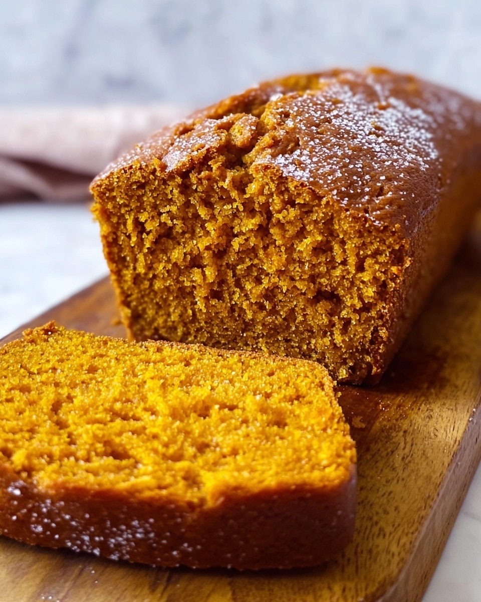 A loaf of moist pumpkin bread is shown on a wooden board against a white marbled background. The pumpkin bread has a golden-brown outer crust with a slightly cracked top layer, revealing a soft and dense inner texture with fine, crumbly orange layers. The cut slice in front highlights the spongy, tender crumb inside, showing a consistent orange color with small air pockets throughout. The loaf shape is rectangular with rounded edges, emphasizing the contrast between the darker crust and the lighter inner bread. Photo taken with an iphone --ar 4:5 --v 7