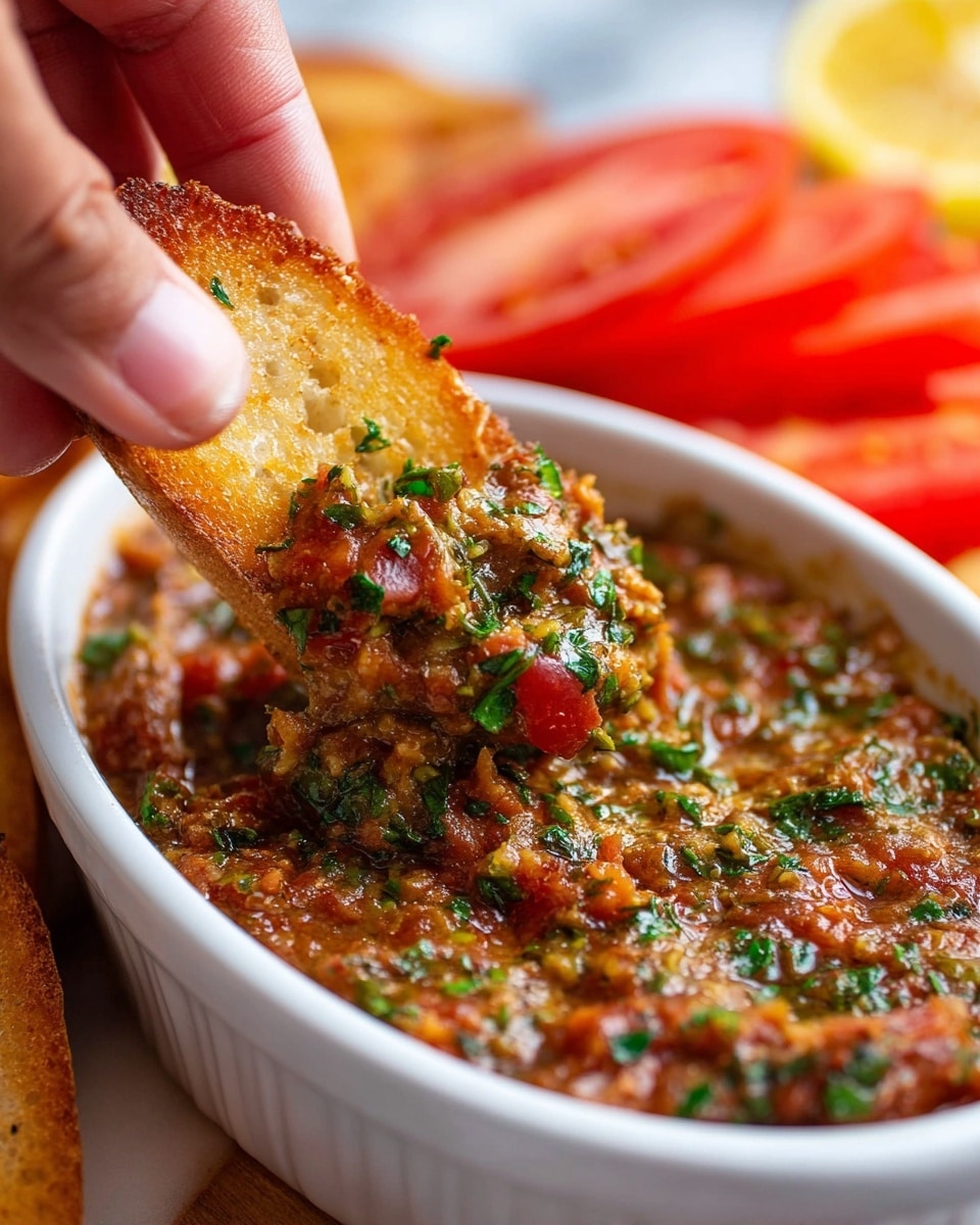 A close-up image shows a woman's hand dipping a piece of crispy, toasted bread into a thick, chunky dip inside a white shallow dish. The dip has a rich mix of colors including deep reds, greens, and light brown, showing a blend of finely chopped vegetables and herbs with a moist texture. The toasted bread shows a golden-brown crust with a soft, porous inside. In the blurred background, there are sliced red tomatoes and a lemon wedge on a white marbled surface. photo taken with an iphone --ar 4:5 --v 7