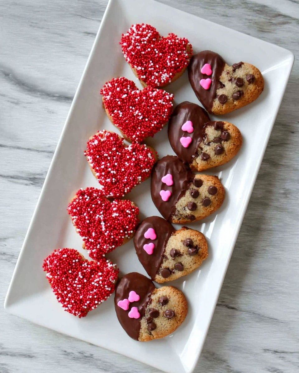 A long white plate holds ten heart-shaped cookies, each with a golden brown base. The left half of every cookie is dipped in dark chocolate and covered with bright red sprinkles and small pink heart-shaped candies, creating a colorful contrast against the golden cookie and white plate. The right half remains plain with visible chocolate chips inside. The plate is placed on a white marbled surface, emphasizing the colors of the cookies. photo taken with an iphone --ar 4:5 --v 7