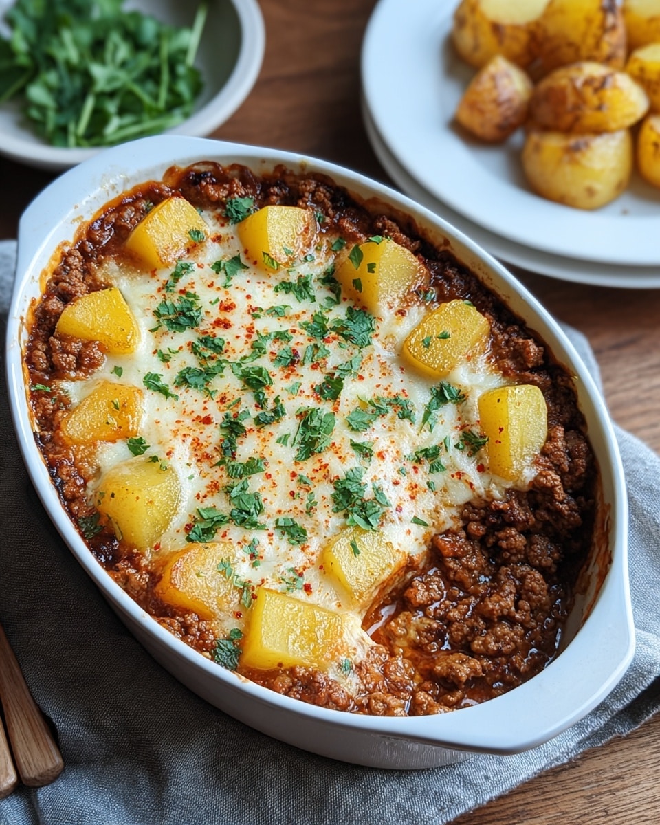 A white oval dish filled with a baked layered casserole, starting with a thick layer of brown ground meat mixed with sauce at the bottom. On top of this layer, there are golden-yellow chunks of potatoes evenly placed around the edges. The center is covered with a melted layer of white cheese that has small golden-brown spots from baking, sprinkled with green chopped parsley and a light dusting of red paprika powder. The dish is set on a wooden table with a grey cloth beside it, next to a white plate with fresh green herbs and another white plate with golden roasted potato chunks. photo taken with an iphone --ar 4:5 --v 7