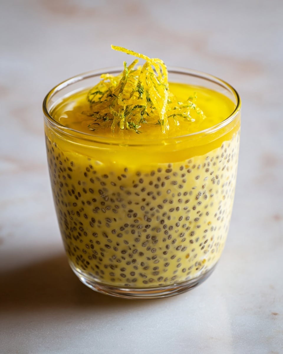 A clear glass filled with two layers of chia pudding sits on a white marbled surface, with a smooth creamy layer mixed with tiny dark chia seeds forming the thick base. On top, there is a glossy layer of golden-yellow jelly with a sprinkle of small green herbs, and thin, bright lemon zest curls decorate the very top. Beside the glass, a silver spoon lies flat on the surface, and in the soft-focus background, a light beige cloth adds warmth to the scene. photo taken with an iphone --ar 4:5 --v 7