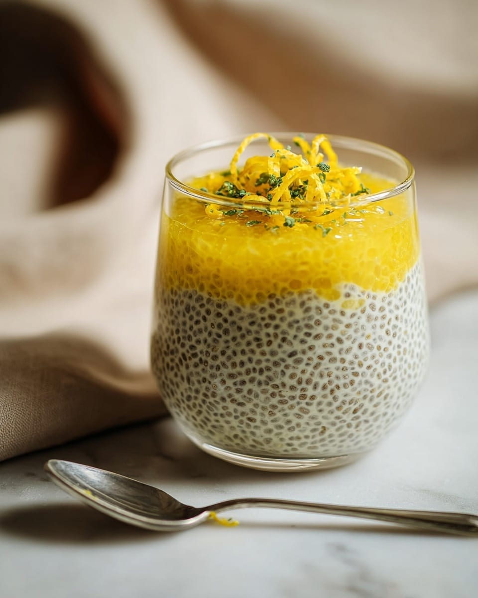 A clear glass filled with three layers of yellow pudding mixed with small black chia seeds, making the texture look creamy and speckled throughout. On top, a glossy layer of thick yellow jelly sits, holding several thin strands of bright yellow and green candied citrus peel curls. The glass rests on a white marbled texture surface with soft natural light enhancing the shiny and smooth appearance of the pudding and jelly. photo taken with an iphone --ar 4:5 --v 7