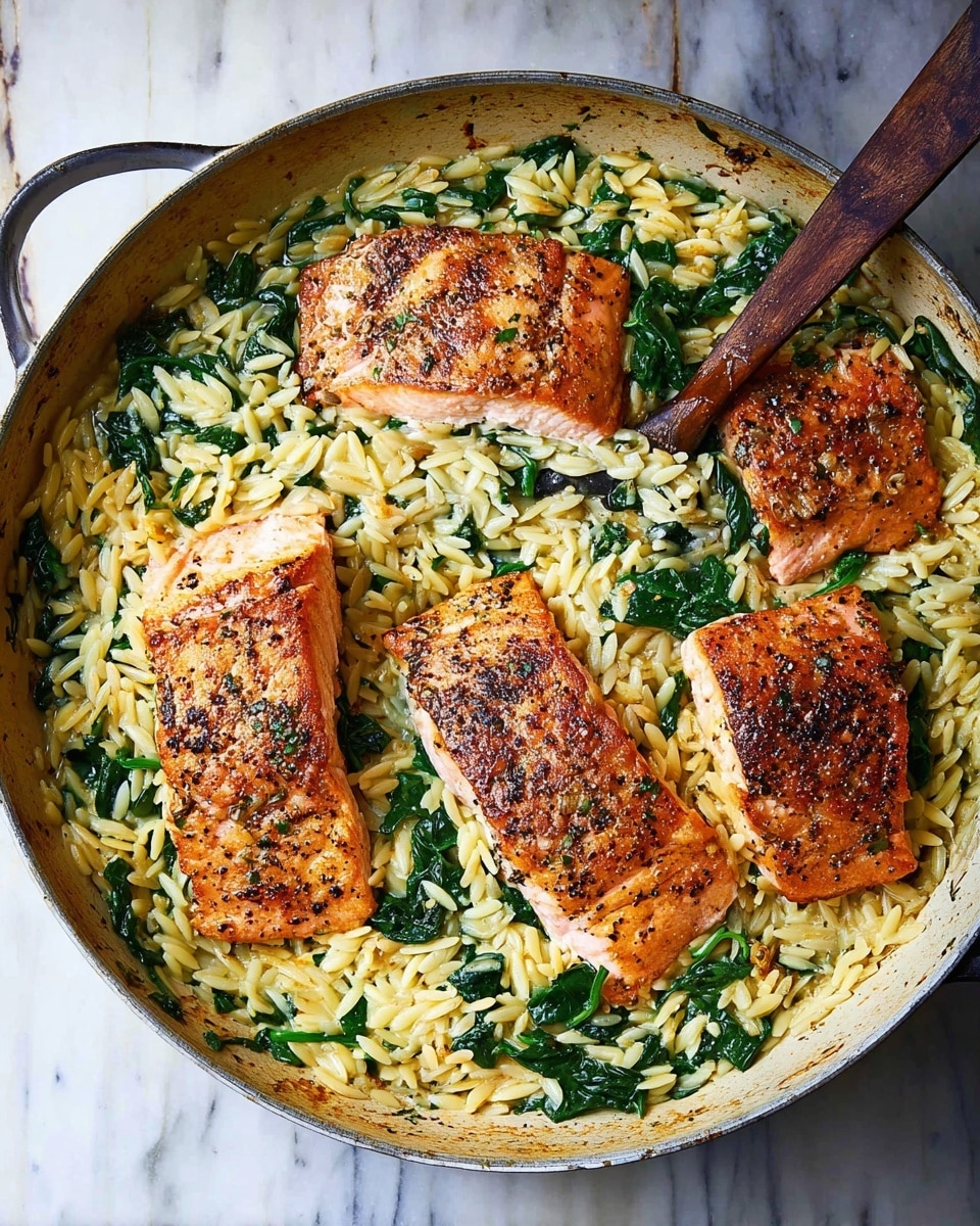 A large, shallow white pan filled with four thick, golden-brown salmon fillets placed on a bed of light yellow orzo pasta mixed with bright green spinach leaves. The salmon has a crispy, pepper-speckled skin on top, contrasting with the soft texture of the pasta underneath. The orzo is well-coated in a glossy sauce, holding the small grains together, with the spinach scattered evenly in the dish. A wooden spoon with a dark handle rests in the pan near the top, partially covered by the pasta and spinach. The pan sits on a white marbled surface, enhancing the dish’s warm, fresh colors. photo taken with an iphone --ar 4:5 --v 7