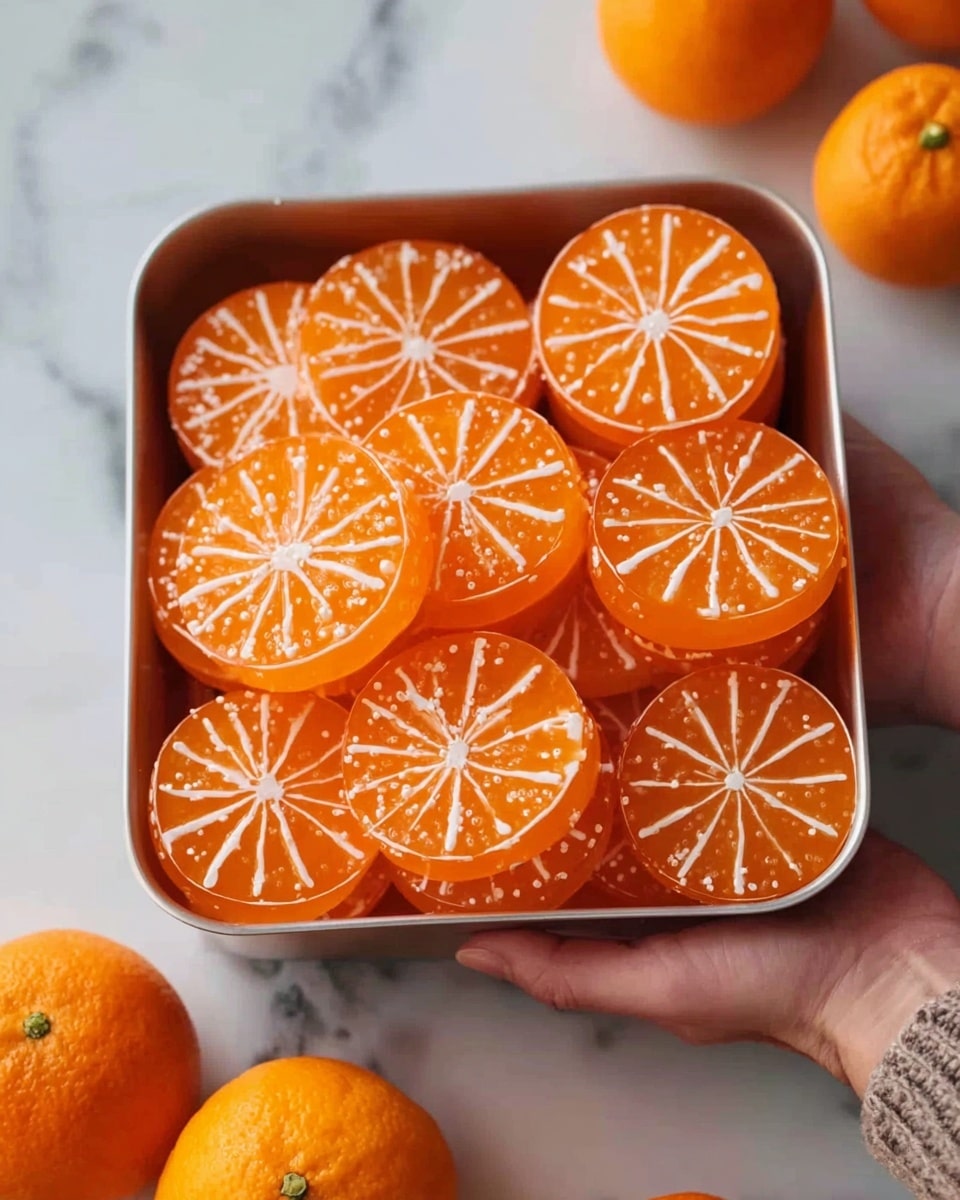A woman's hand is holding a tray filled with round orange jelly slices that look like whole orange fruit slices. Each jelly slice has a bright orange color with white icing lines radiating from the center, mimicking the segments of an orange. The slices are stacked in two layers inside the tray, with a smooth, shiny texture on top. A few whole oranges sit at the bottom of the image on a white marbled surface. photo taken with an iphone --ar 4:5 --v 7