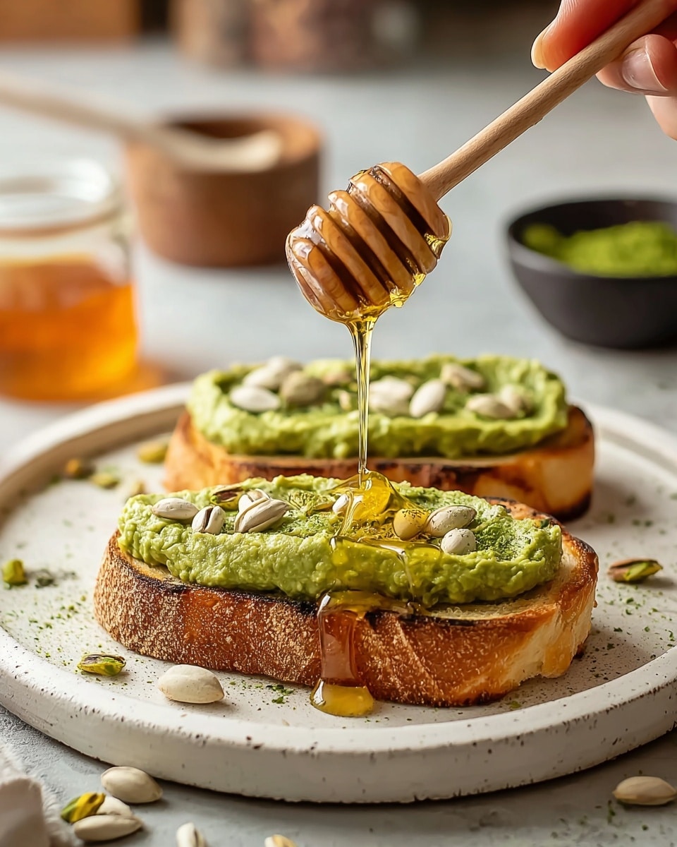 Two thick slices of toasted bread lie flat on a white plate with a white marbled texture background. Each slice is spread heavily with a green paste that looks smooth but slightly chunky, topped with scattered white and green seeds. Above the front slice, a wooden honey dipper held by a woman's hand drizzles golden honey onto the green spread, causing a glossy pool in the center. Around the plate, a few loose seeds add texture. In the blurry background, a small glass bowl with amber honey and a dark small bowl with green powder sit on the surface. Photo taken with an iphone --ar 4:5 --v 7