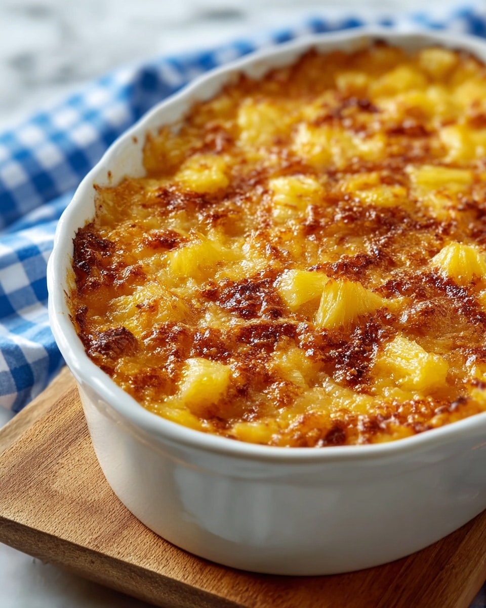 A close-up of a white oval dish filled with a baked dessert that has a golden brown, slightly caramelized top layer with scattered chunks of yellow pineapple. The top layer shows a mix of crispy, browned spots and soft, juicy bits, creating a textured look. The dish sits on a wooden board with a blue and white checkered cloth blurred softly in the background, all placed on a white marbled surface. photo taken with an iphone --ar 4:5 --v 7