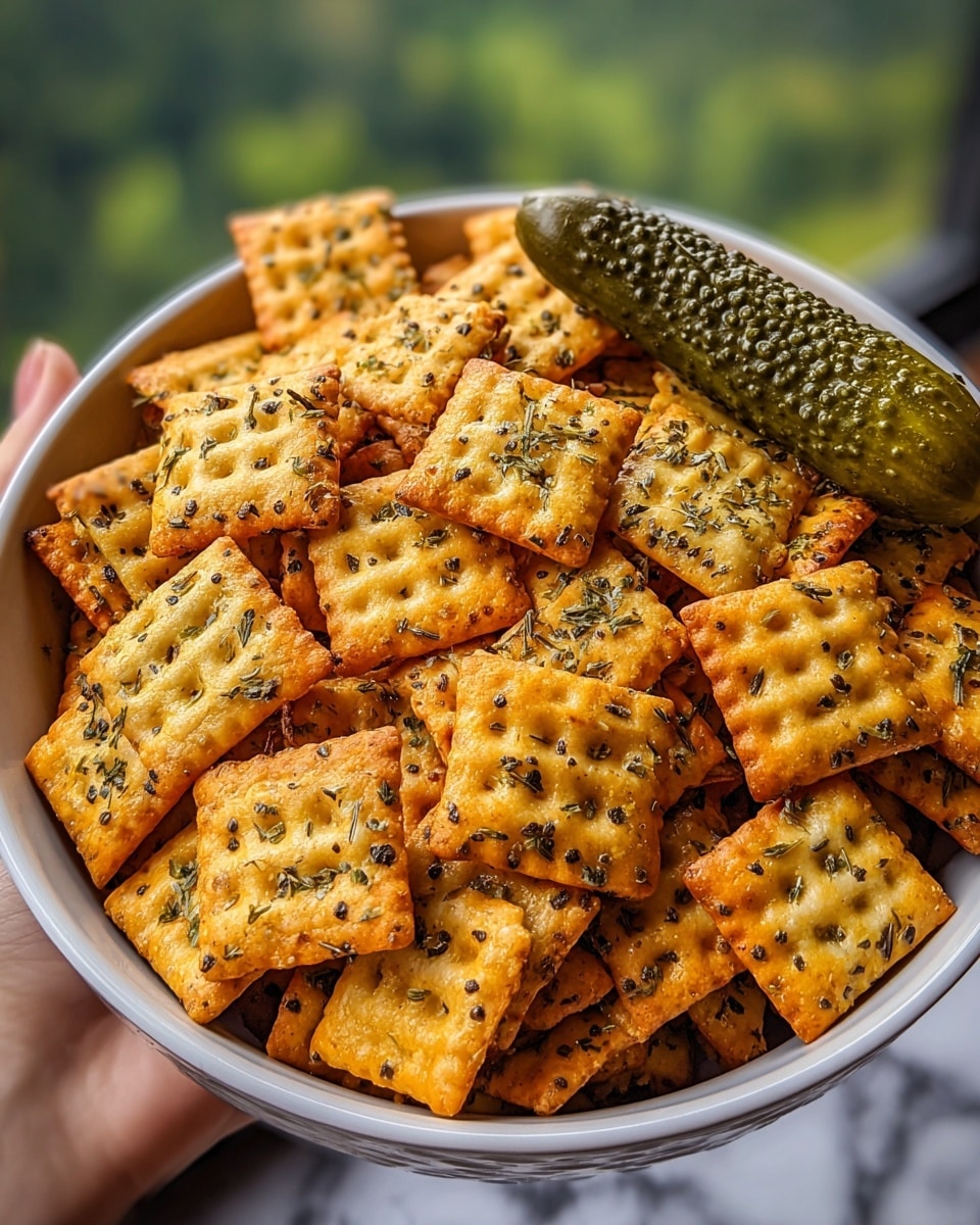 A bowl filled with many square-shaped, golden brown crackers that have a textured, waffle-like surface topped with visible green herbs and small bits of seasoning scattered all over. On top of the crackers, there is one whole green pickle with dark spots and a glossy texture. The bowl itself is white and held by a woman's hand, with a blurred background of green natural scenery and a white marbled surface underneath. photo taken with an iphone --ar 4:5 --v 7