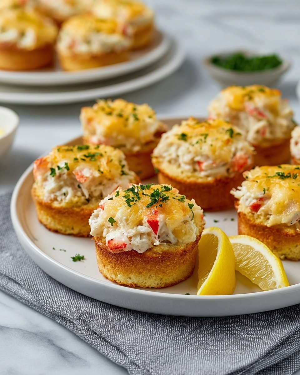 The image shows a round white plate holding six mini crab cakes, each with three visible layers. The bottom layer is a golden-brown, crispy bread base. The middle layer is a creamy white crab salad with visible red crab meat chunks mixed inside. The top layer is melted golden-yellow cheese, slightly bubbly, covering the crab salad. Each crab cake is garnished with small green parsley flakes on top. On the side of the plate are two lemon wedges with bright yellow skin and pale yellow flesh. The plate sits on a gray cloth napkin against a white marbled surface. In the background, another white plate holds more of the crab cakes, slightly blurred. photo taken with an iphone --ar 4:5 --v 7