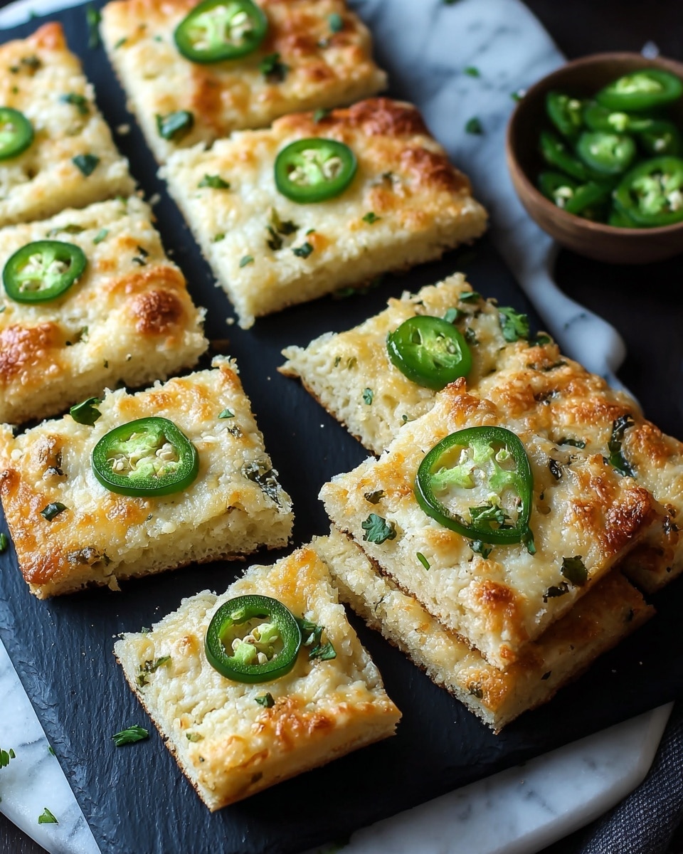 The image shows eight square pieces of savory flatbread arranged on a black slate board on a white marbled surface. Each flatbread piece has a golden-brown top layer with melted cheese and small green bits of herbs scattered across. Some pieces have thin green slices of jalapeño on top, adding a fresh accent to the creamy, slightly bubbly cheese layer. The flatbread looks soft and slightly crumbly, with a light crust visible at the edges. In the background, a small bowl filled with more sliced jalapeños sits slightly out of focus. The whole scene is brightly lit with natural light to highlight the textures and colors. Photo taken with an iphone --ar 4:5 --v 7