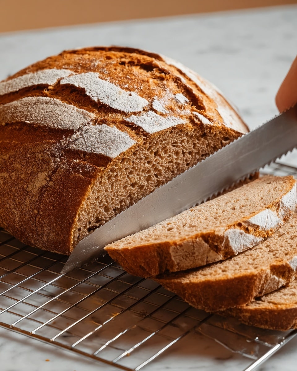 A round loaf of crusty bread with a deep golden brown, cracked crust is being sliced on a cooling rack. The top crust has a light dusting of white flour and strong darker brown ridges with a rough texture. The inside of the bread is soft and light brown with a spongy texture and visible small air holes. Four even slices, showing the soft interior and crusty edges, lie partially cut and stacked on a white marbled surface. A serrated knife cuts through the loaf, held by a woman's hand. Photo taken with an iphone --ar 4:5 --v 7