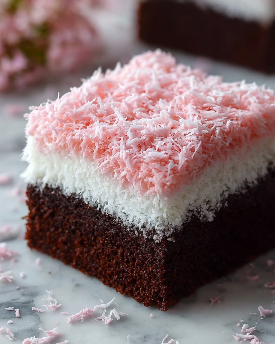 The image shows a close-up of a three-layer square piece of cake. The bottom layer is dark brown and looks moist with a soft texture. The middle layer is thick, white, and fluffy, creating a smooth contrast over the dark base. The top layer is a light pink color made of shredded pieces that give a rough, textured look, scattered a bit beyond the edges. The cake rests on a white marbled surface with some white and pink shreds scattered around. photo taken with an iphone --ar 4:5 --v 7