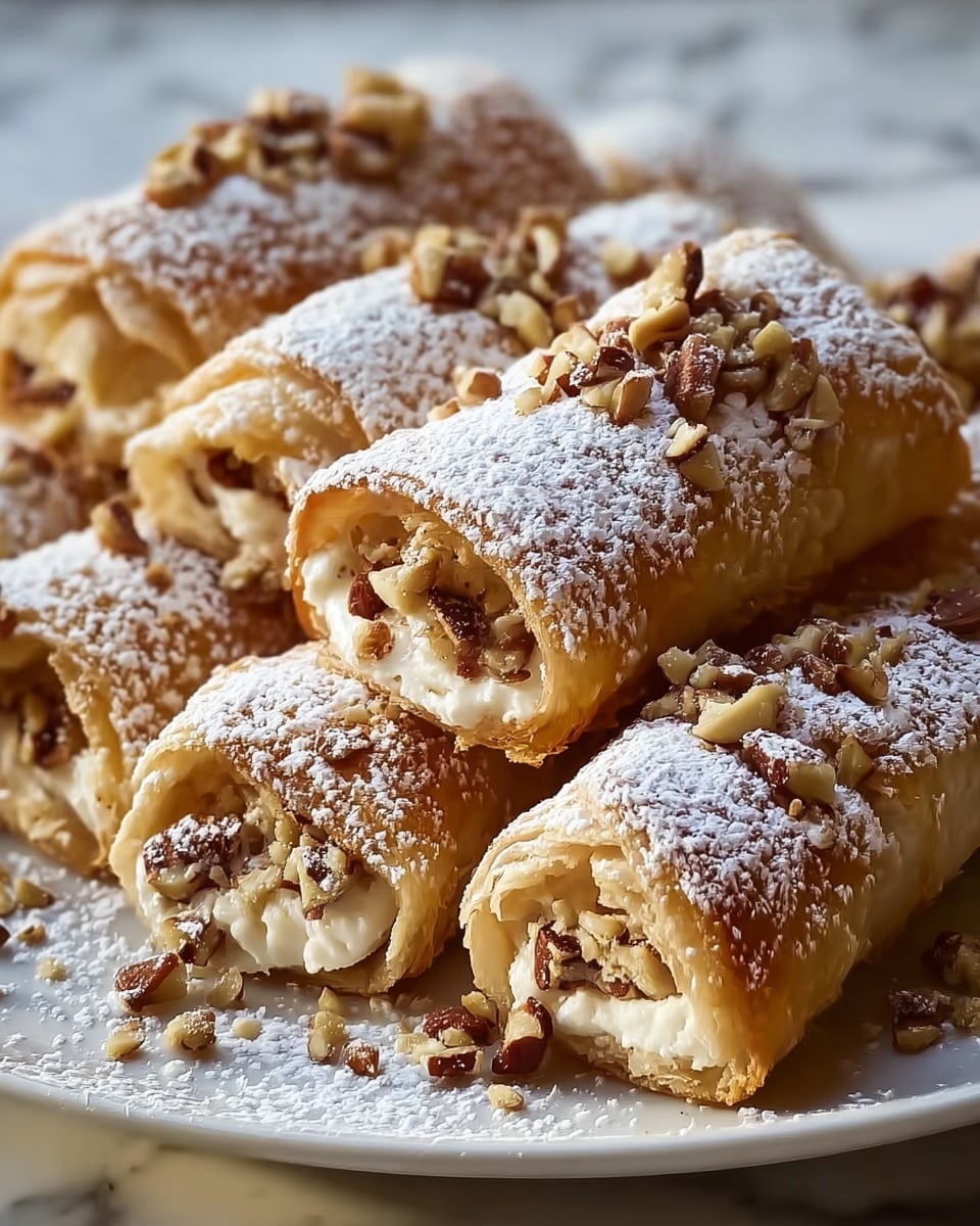 The image shows several golden-brown rolled pastries arranged closely together on a white plate. Each pastry is dusted generously with powdered sugar on top and sprinkled with small chopped nuts. The outer layer of the pastries looks flaky and slightly crisp, while the inside reveals a creamy filling with embedded chunks of nuts. The pastries are placed on a white marbled surface, enhancing their warm color and texture. Photo taken with an iphone --ar 4:5 --v 7