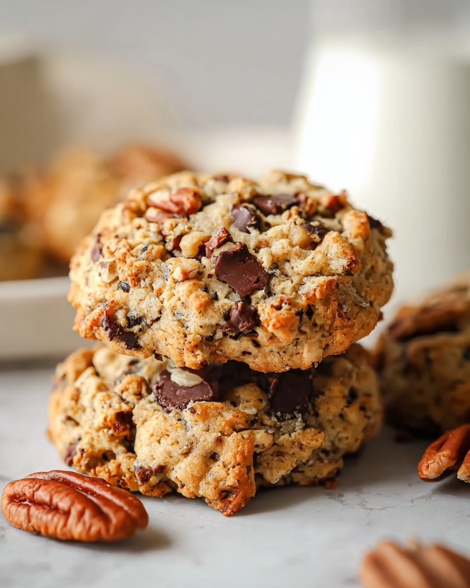 The image shows a close-up of two thick, chunky cookies stacked slightly on a white marbled surface. The cookies have a rough, textured look with visible pieces of melted dark chocolate and toasted pecans scattered throughout the golden-brown dough. One cookie is fully visible in front while the other is partly behind it, with some pecans placed nearby on the surface. The background is soft and blurred with a white-shaped container in the distance, highlighting the cookies in the foreground. Photo taken with an iphone --ar 4:5 --v 7