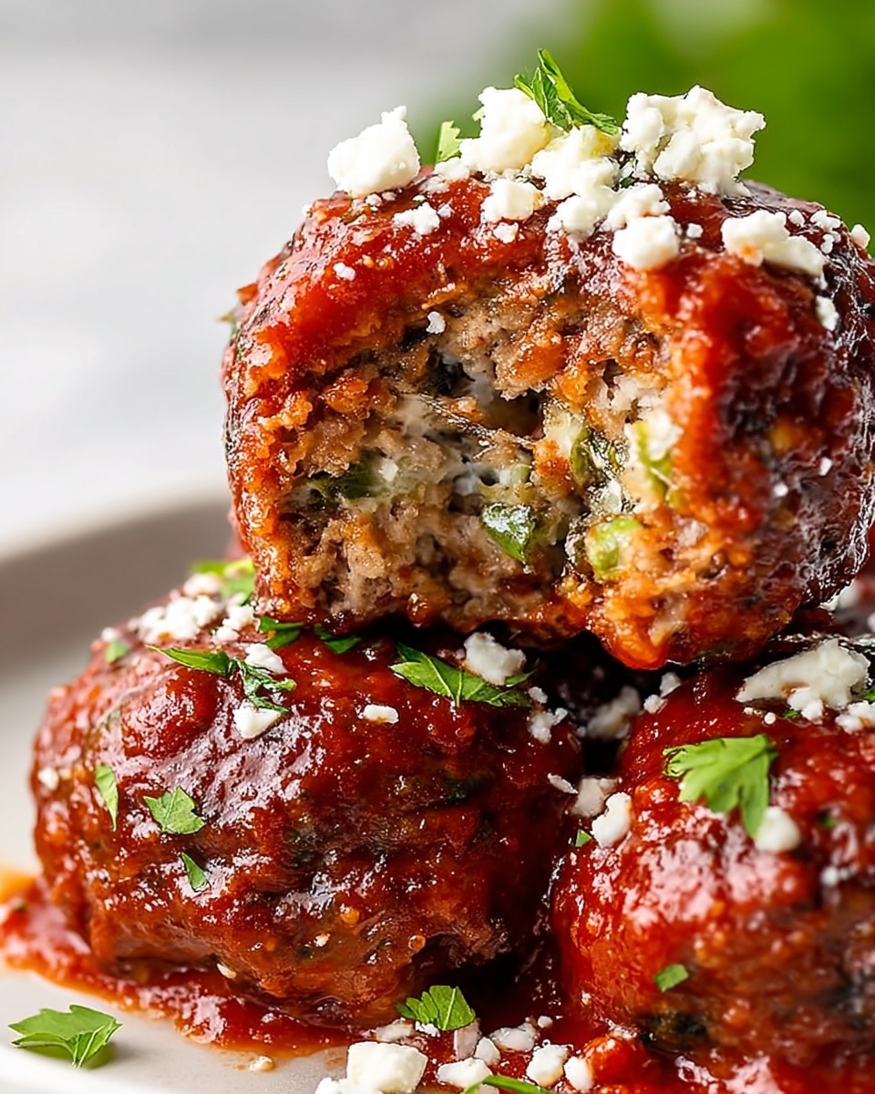 A close-up view of a stack of three meatballs covered in shiny, rich red sauce, placed on a white plate. The top meatball is bitten, showing a juicy, soft interior filled with small bits of green herbs and other ingredients, with the texture looking moist and tender. Each meatball is garnished with white crumbled cheese and small green parsley leaves scattered on top and around. The background shows a soft, blurry green area and the plate rests on a white marbled texture. photo taken with an iphone --ar 4:5 --v 7